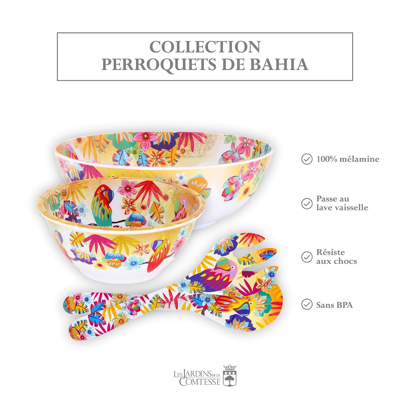 Les Jardins de la Comtesse - Grand Saladier en Mélamine - Perroquets de Bahia - 4L / Ø 31 cm - Multicolore - Service de Table de la Vaisselle Quasi-Incassable MelARTmine