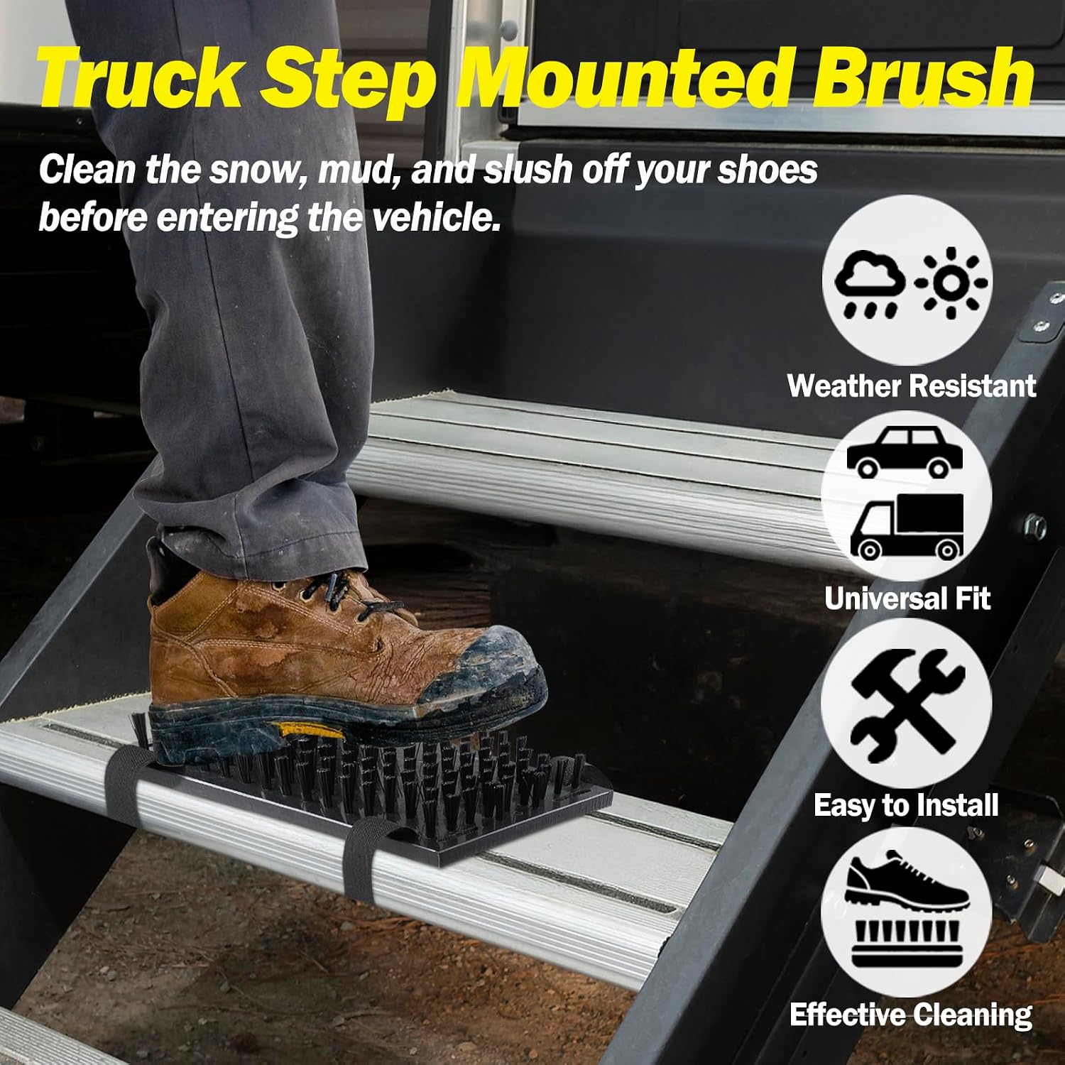 Truck Step Mounted Brush, Heavy Duty Boot Brush Cleaner, Universal Boot Scrubber Dirt-Removal Accessories for RVs, SUVs, Camper Vans, Trucks & Semis