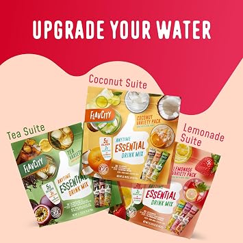 FlavCity Anytime Essential Lemonade Variety Pack - Powder Drink Mix Packets with Collagen - Lemonade Packets in 3 Flavors - Water Flavoring with Collagen, Fiber & Electrolytes (30 Stick Packs)