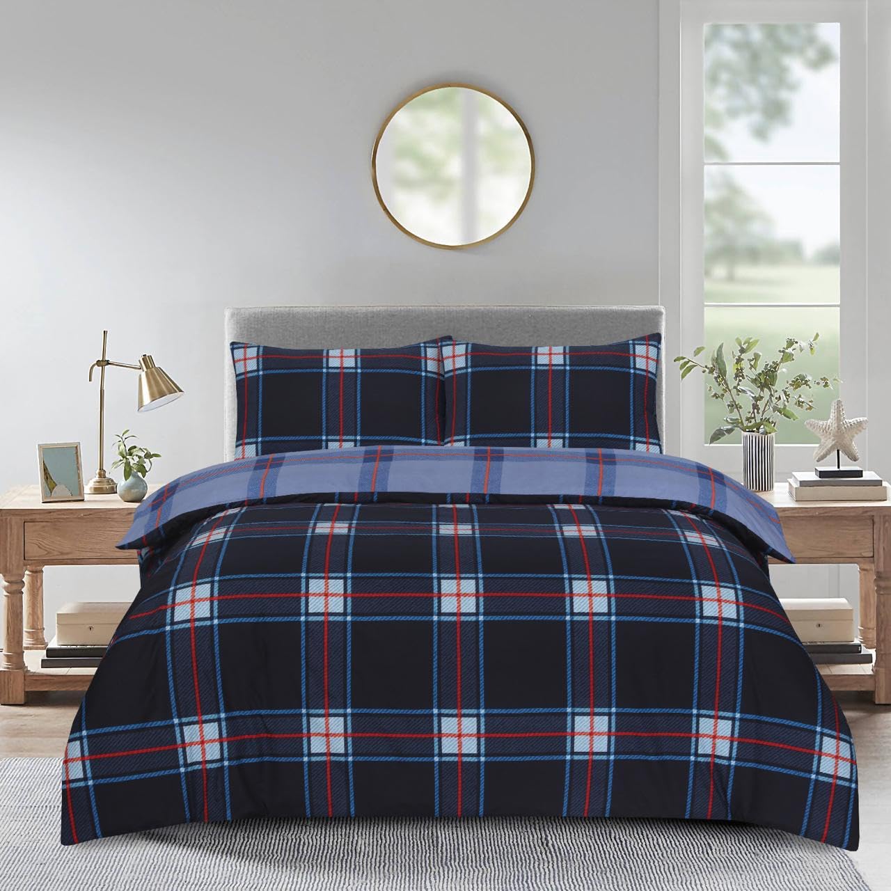 Complete Bedding Set Cotton Rich Printed Patchwork Floral Duvet Cover, Fitted Sheet & Pillowcases for Stylish Bedroom Décor and Easy Care (PLAID CHECK NAVY, King)
