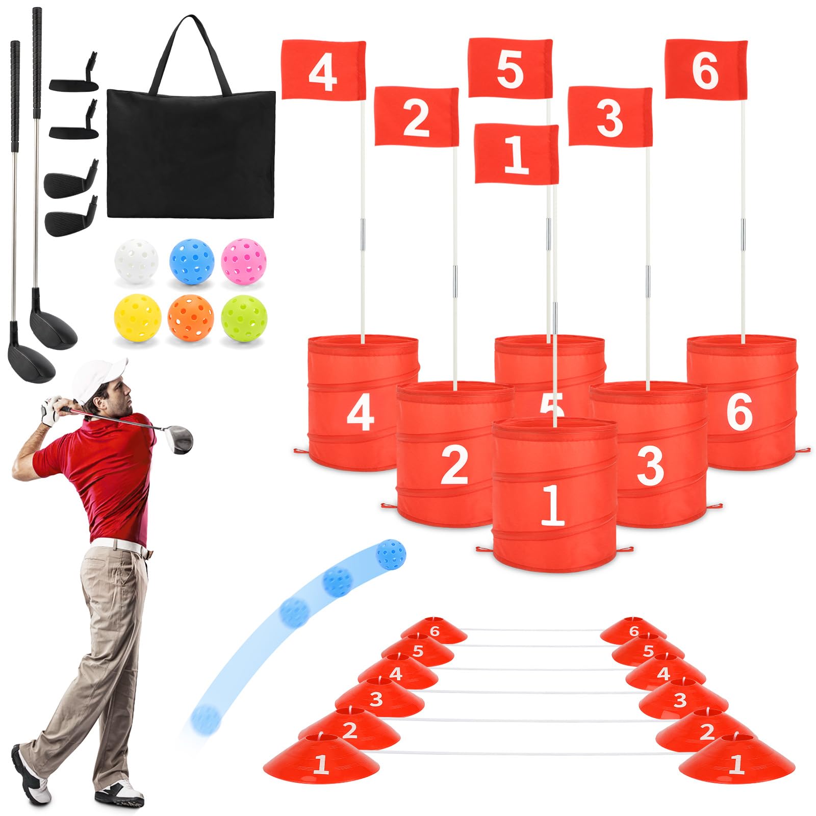deAO Golf Yard Game Backyard Golf Games for Kids Adults, Portable 6 Holes Golf Course with Balls and Flag,Family Golf Gifts for Outdoor Indoor,Lawn, Park, Beach, Camping, Hotel(Red)