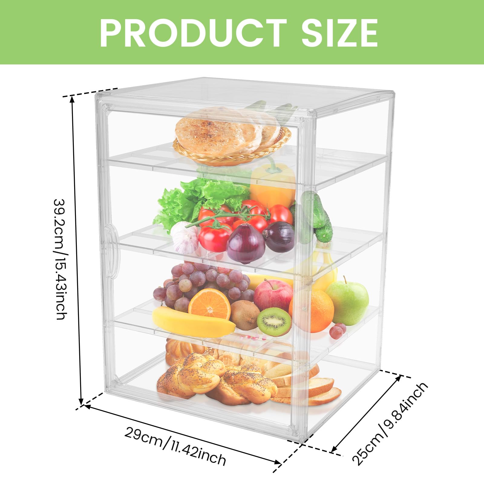Vetrina per pasticceria, 4 strati in acrilico per piano di lavoro della cucina, 29 × 25 × 39,2 cm, contenitore per il pane trasparente regolabile con porta magnetica, supporto per il display della