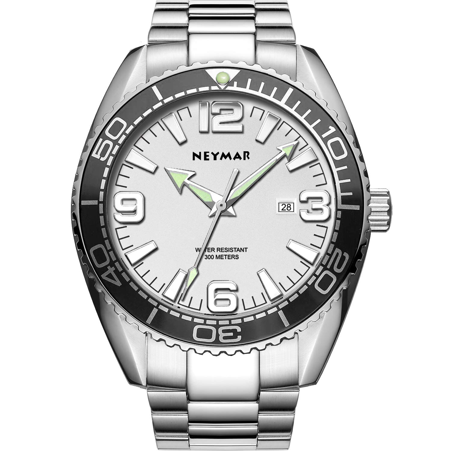 NEYMAR 300m Men Quartz Movement Ultra Thin Sport Watch with Sapphire Glass Stainless Steel Strap（Fat