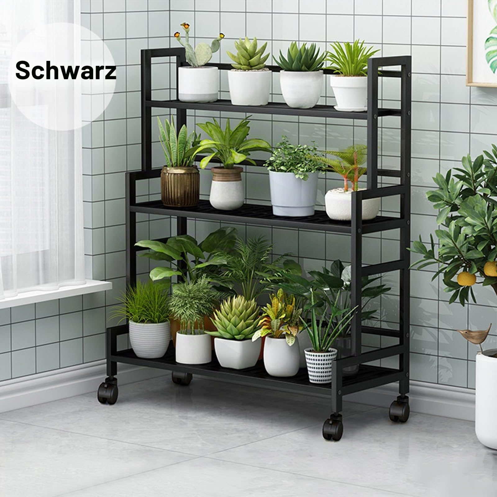 LIGUOYI Metall Blumentreppe Pflanzenregal Mit 3 Ebenen Indoor Outdoor Blumenregal Mit Rädern, Stabiles Stahlgestell Küchenregal Leiterregal Schuhablage Lagerregal Für Garten, Balkon, Wohnzimmer