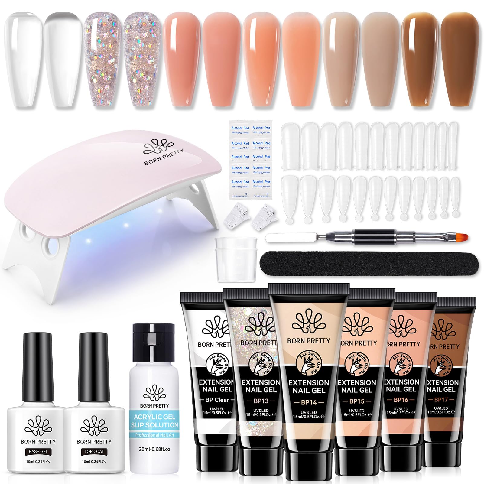 BORN PRETTY Extension Nail Gel Kit-6 Colors Gel Kit Nude Clear Jelly All-In-1 Set Builder Glue with U V Lamp Base Top Coat Set Forms French Manicure
