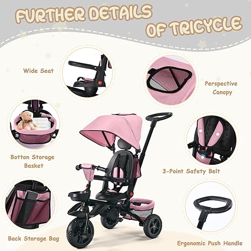 Miniatura 6 de TODUFULL Triciclo plegable para niños, triciclo 8 en 1 con toldo extraíble y varilla de empuje parental, cochecito de bicicleta para niños de 1 a 5