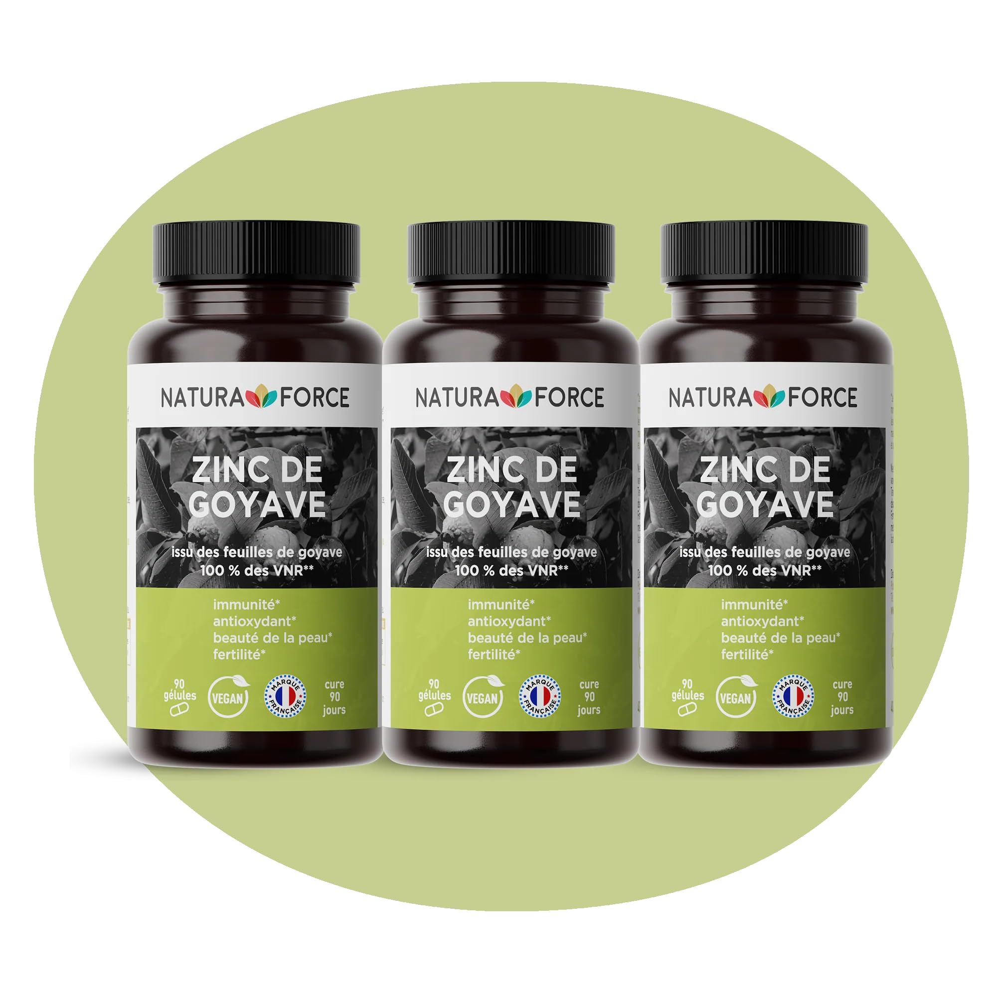 Zinc de Goyave - Naturel et à Haute Assimilation - Stress Oxydatif, Système Immunitaire - Issu des Feuilles de Goyave, Couvre 100% des VNR - Boite de 90 Gélules