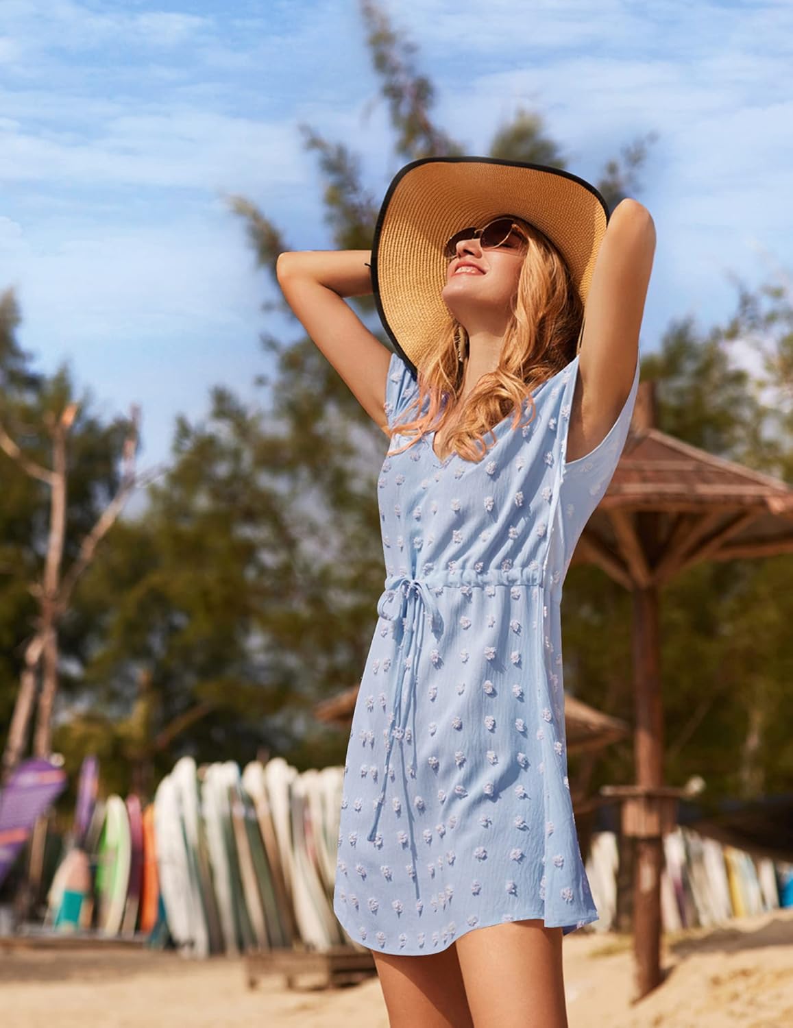 Ekouaer Womens Swimsuit Cover Up Swiss Dots Chiffon Bikini Beachwear Flowy Pom Pom Coverups - Image 2