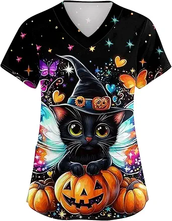 OIOLOYJM Printed Scrub Tops Women Short Sleeve V Neck Plus Size Scrubs for Womens Nursing Uniforms Shirts with Pockets