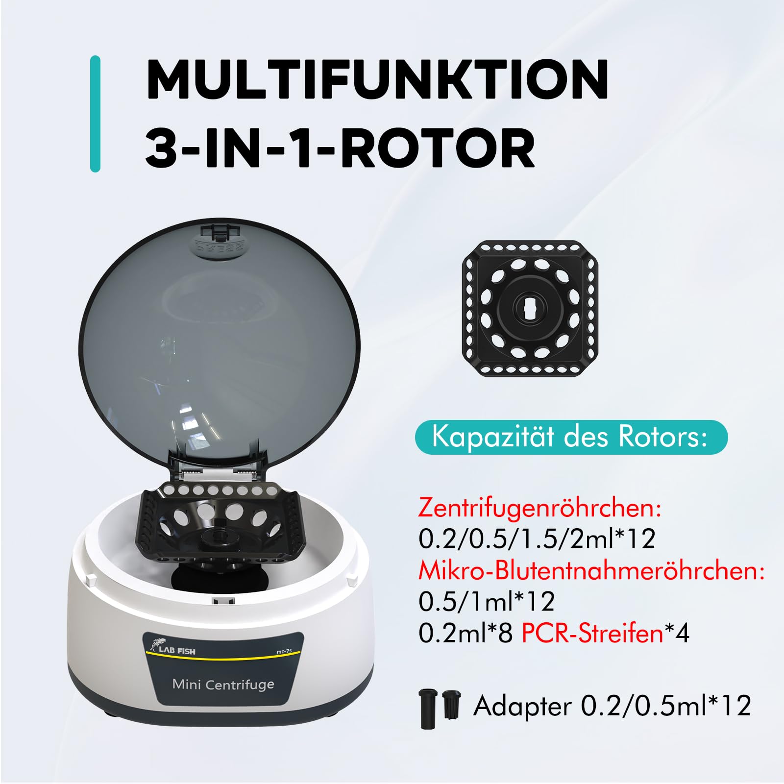 LABFISH Mini-Zentrifuge 7000 RPM,3286 x g RCF,Labor Tisch-Mikrozentrifuge mit 3-in1 Rotor für 12 wissenschaftliche Zentrifugenröhrchen mit 0,2/0,5/1,5/2ml Fassungsvermögen und 32×0,2ml PCR-Streifen