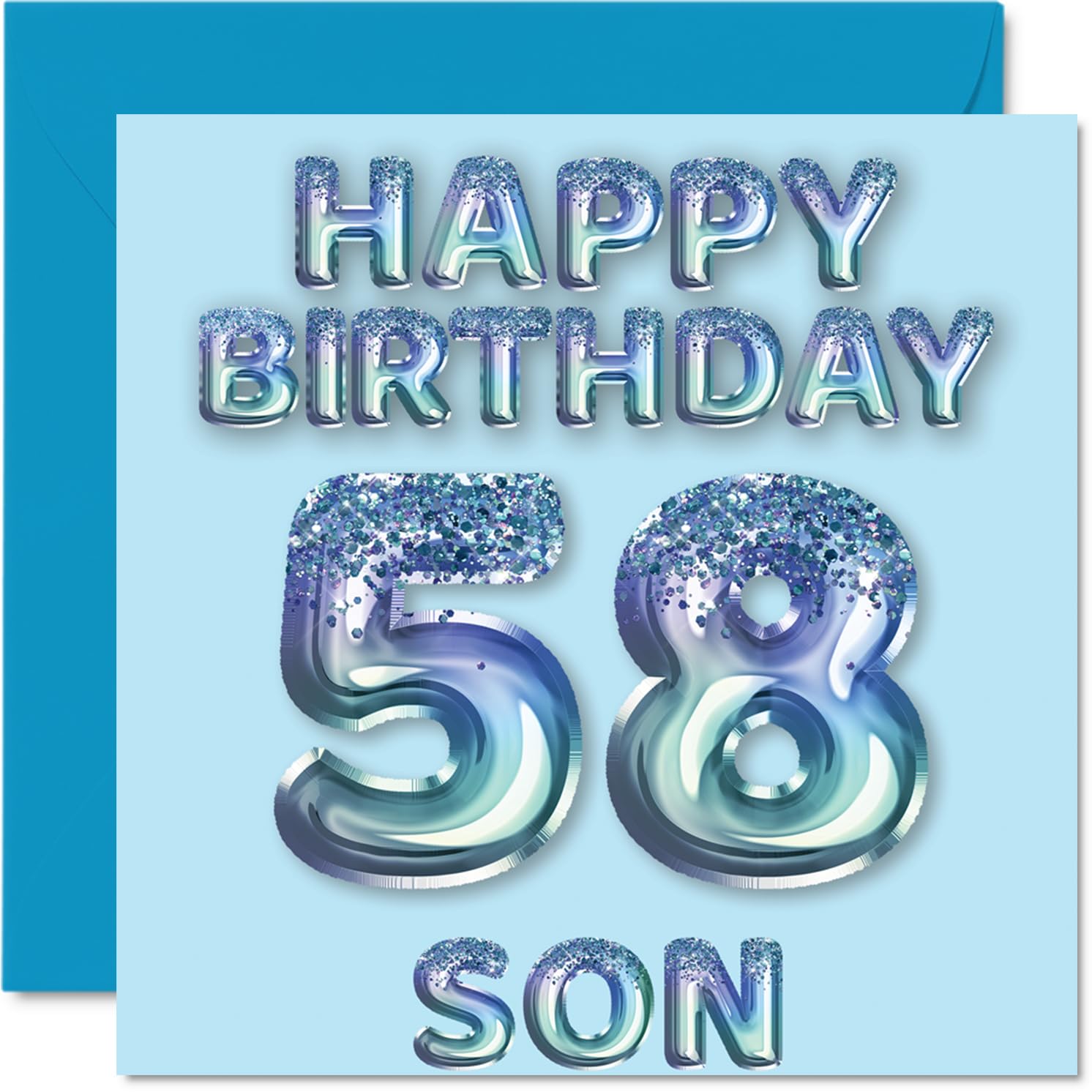 58th Birthday Card for Son, Blue Glitter Party Balloons