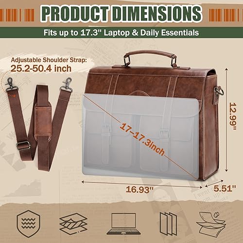 Miniatura 4 de RAINSMORE Mens Messenger Bag 17 Inch Vintage Leather Laptop Briefcase Magnetic Closure Large Satchel Computer Shoulder Bag