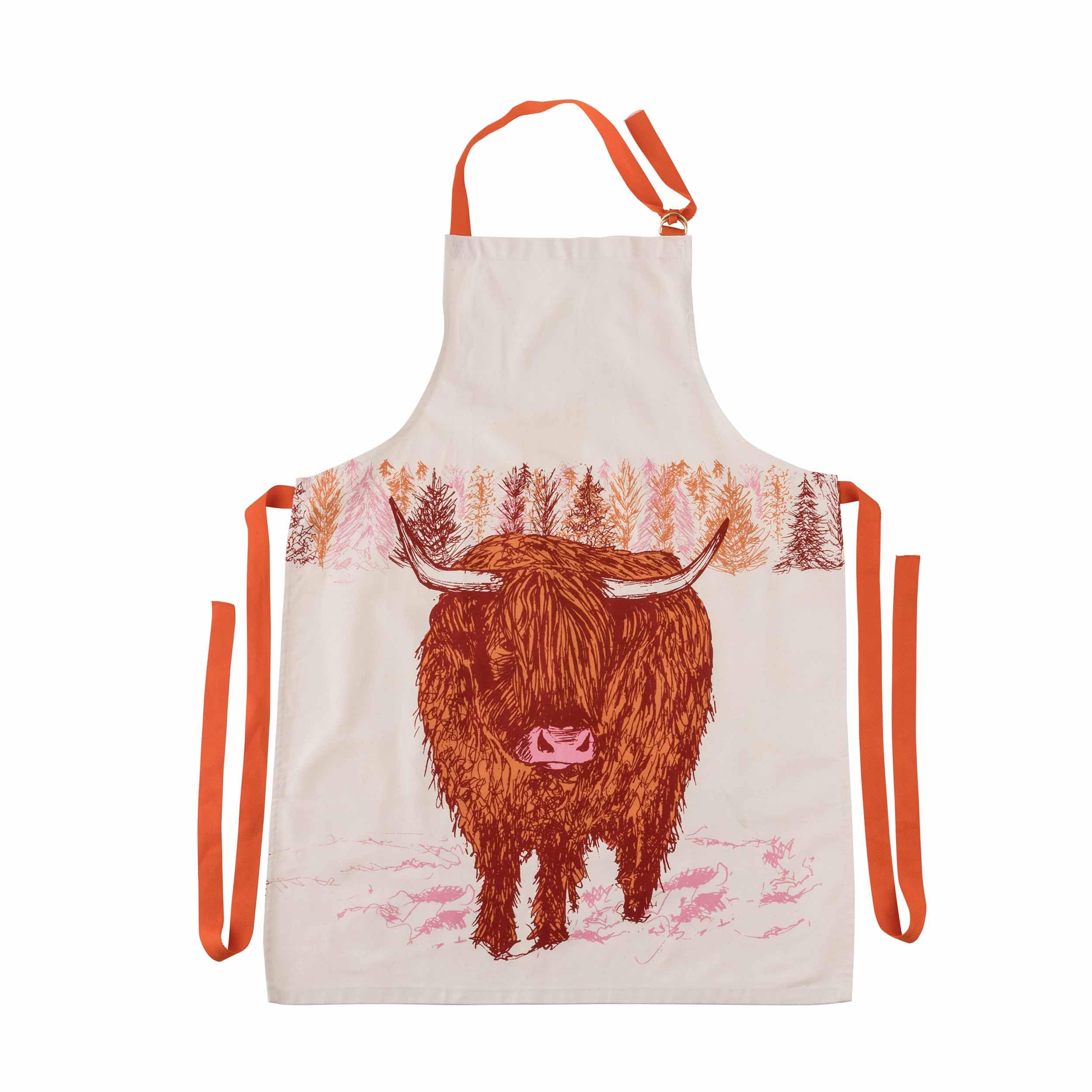 Unbleached Cotton Apron in Scottish Highland Cow Design, 60 x 85cm, Handmade in UK — image 1