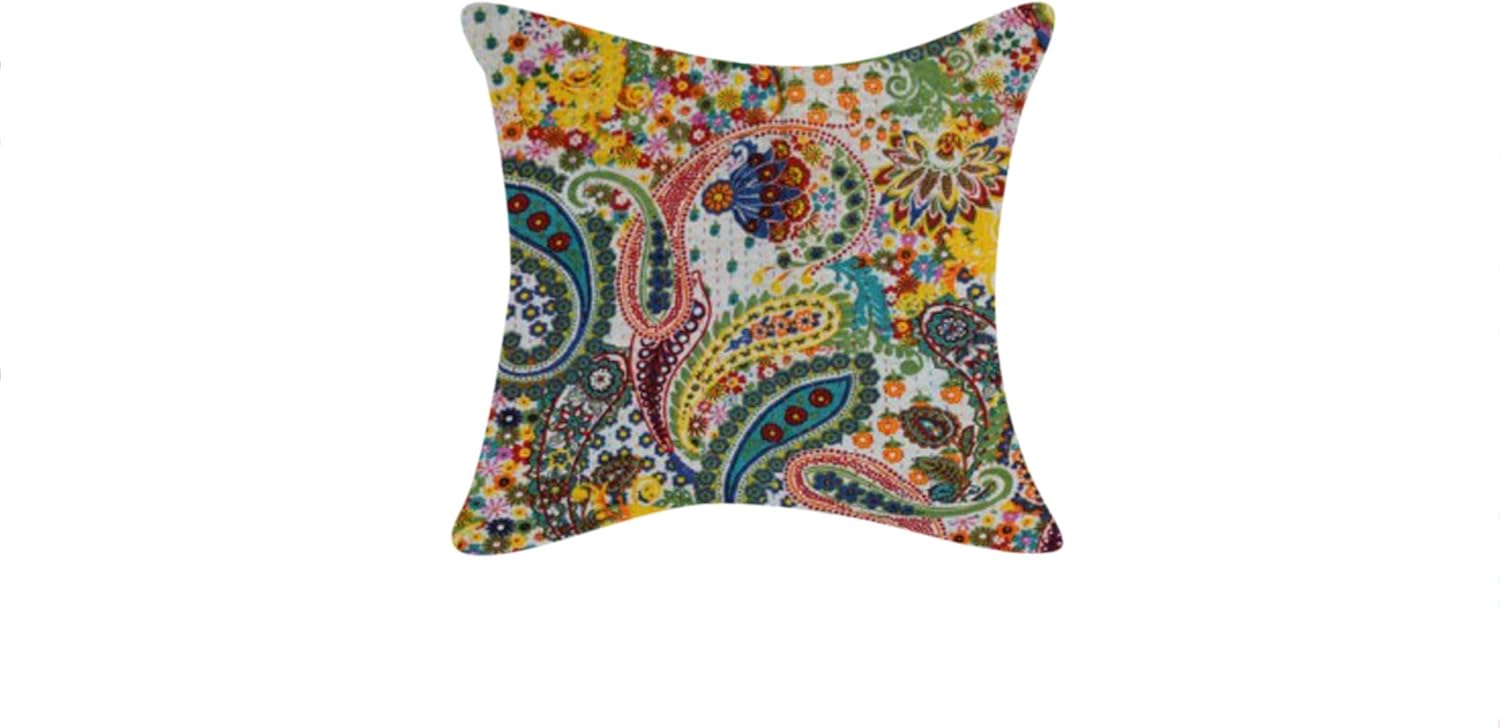 The Harry Creations Ethnic Home Case Sofa Throw Decorative Boho Decorative Indian Design Pillow Cotton Square Paisley Colorful Bohemian Kantha Cushion Cover (White, 01 Pcs (16"x 16"))