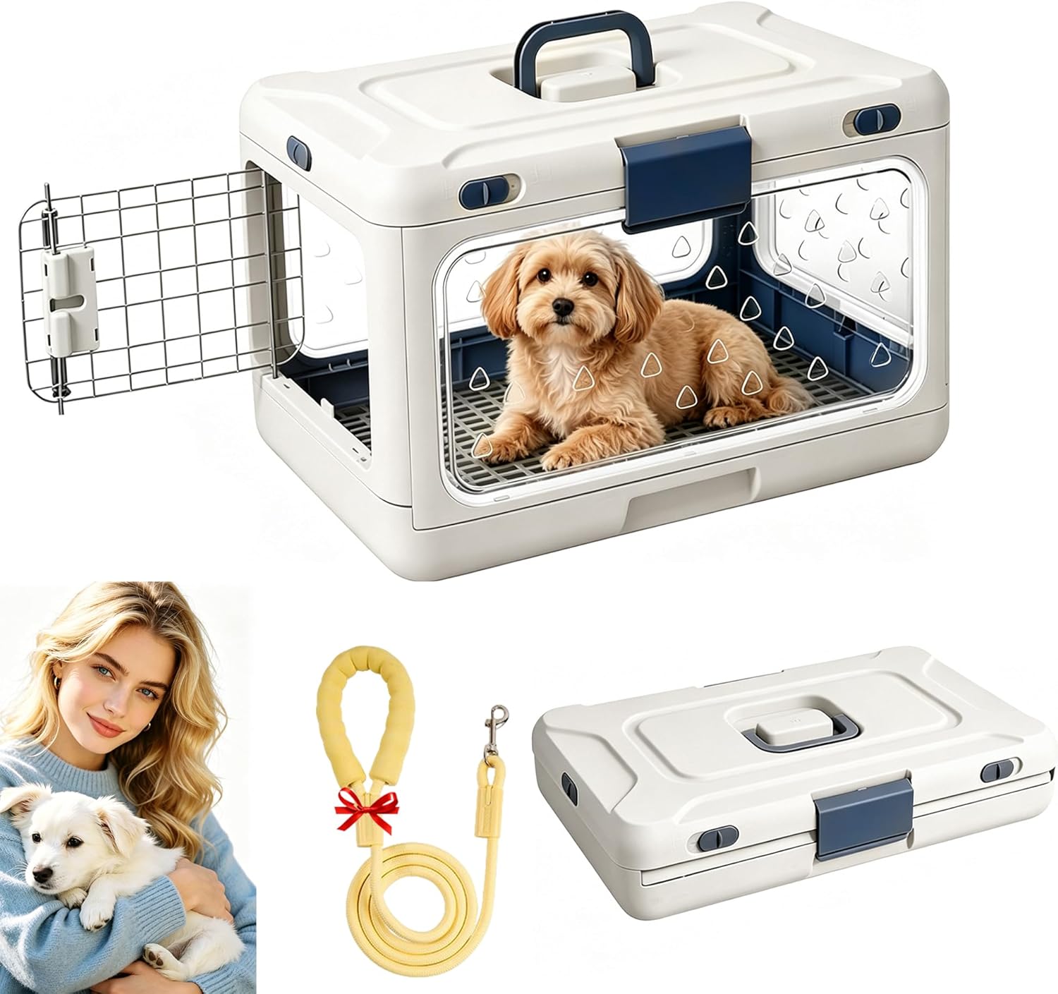 Foldable Hard Cat Carrier, Transparent Pet Travel Crate for Cats & Small Dogs, Durable Kennel with Ventilation and Urine Pad Mesh Grid, Portable Small Pet Carrier (White)