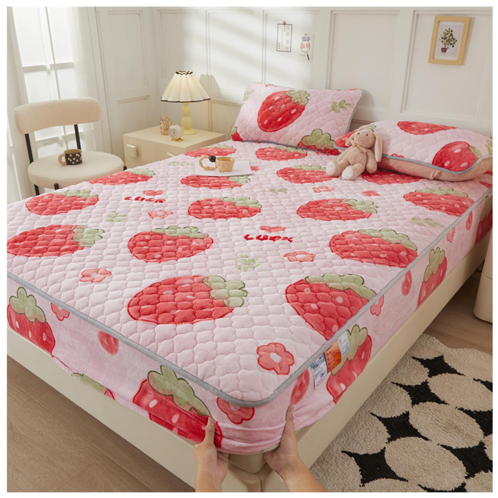 ENTCAM Cubrecolchones De Terciopelo De Leche,Protector De Colchón Completo De 360°,Protector De Colchón Completo Transpirable,Funda De Colchón para Uso Domés(Size:35 * 79in,Color:Fresa Pop bo)