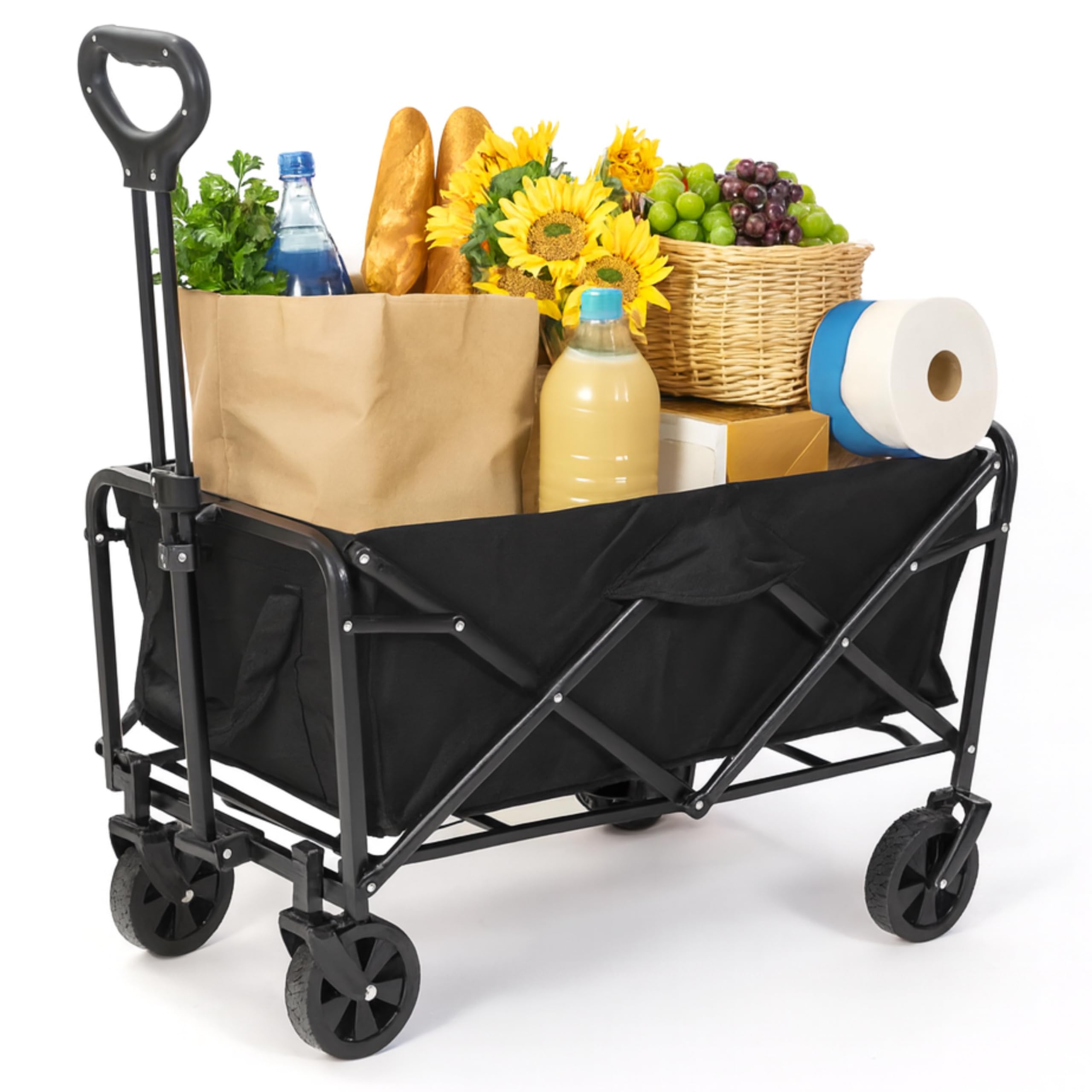 Bollerwagen Faltbar 100L 120kg, Klappbarer Handwagen, Geländegängig, Trolley für Garten Einkauf Camping, Schwarz, 4 Rollen & Kompakt Verstaubar, Größe 88×73×46cm
