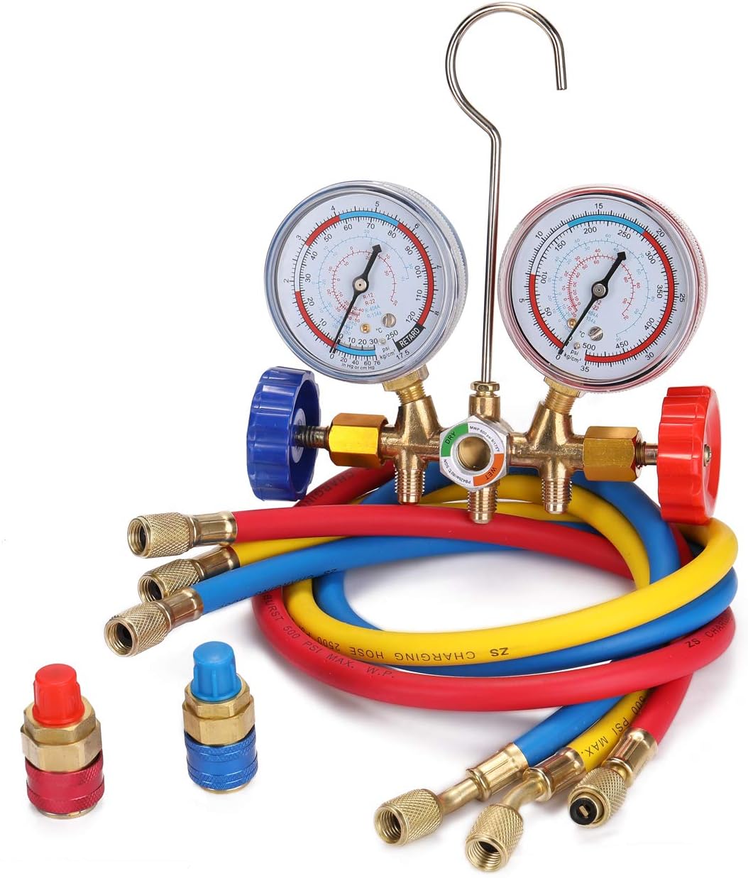 douself 3 Way Refrigerant Gauge AC Diagnostic Manifold Freon Gauge Set for R134A R12 R22 R502 Refrigerants with Couplers and Acme Adapter