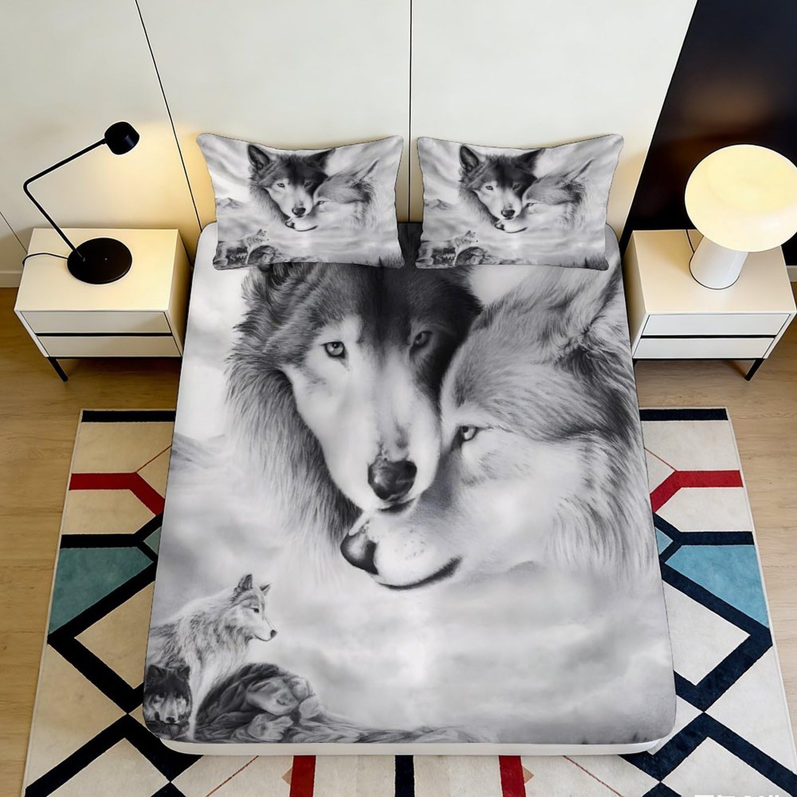 3D Printed Wolf Couple Fitted Sheet Microfiber Black White Forest Mattress Cover Non Slip for Bedroom Dorm Easy Care 120x200x25cm