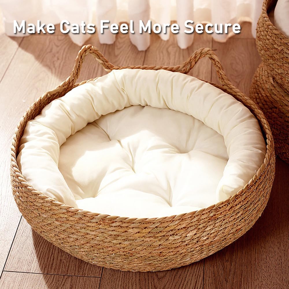 سرير دائري للحيوانات الأليفة مصنوع يدويا من الراتان والخوص الطبيعي، مع وسادة ناعمة، يستخدم كلوح خدش للقطط، قابل للأزالة والغسل للقطط أو الكلاب الصغيرة (A)