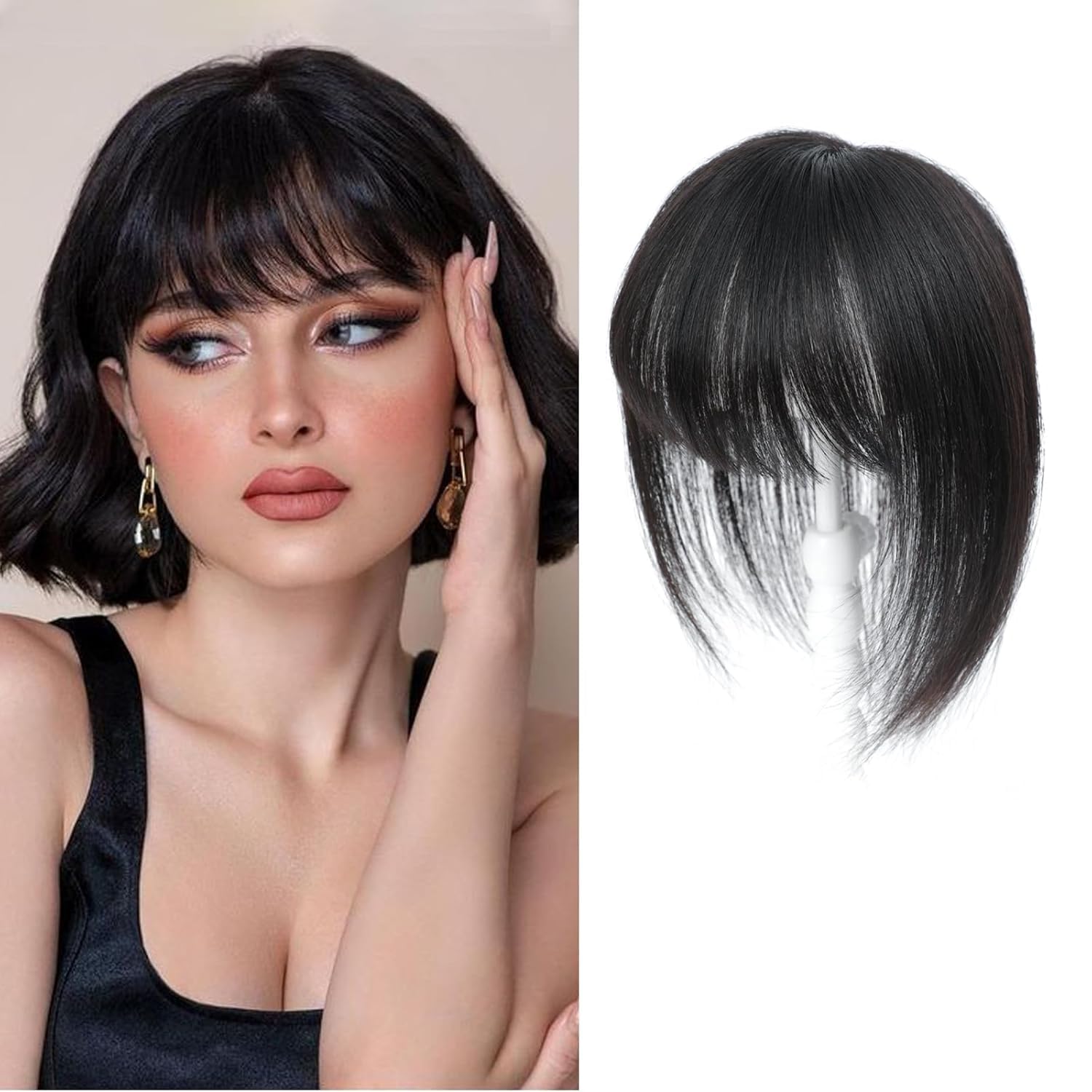 Lasunork Hair Toppers for Women Human Hair Topper with Bangs Hand-woven Swiss Base Hair Topper (Natural Black)