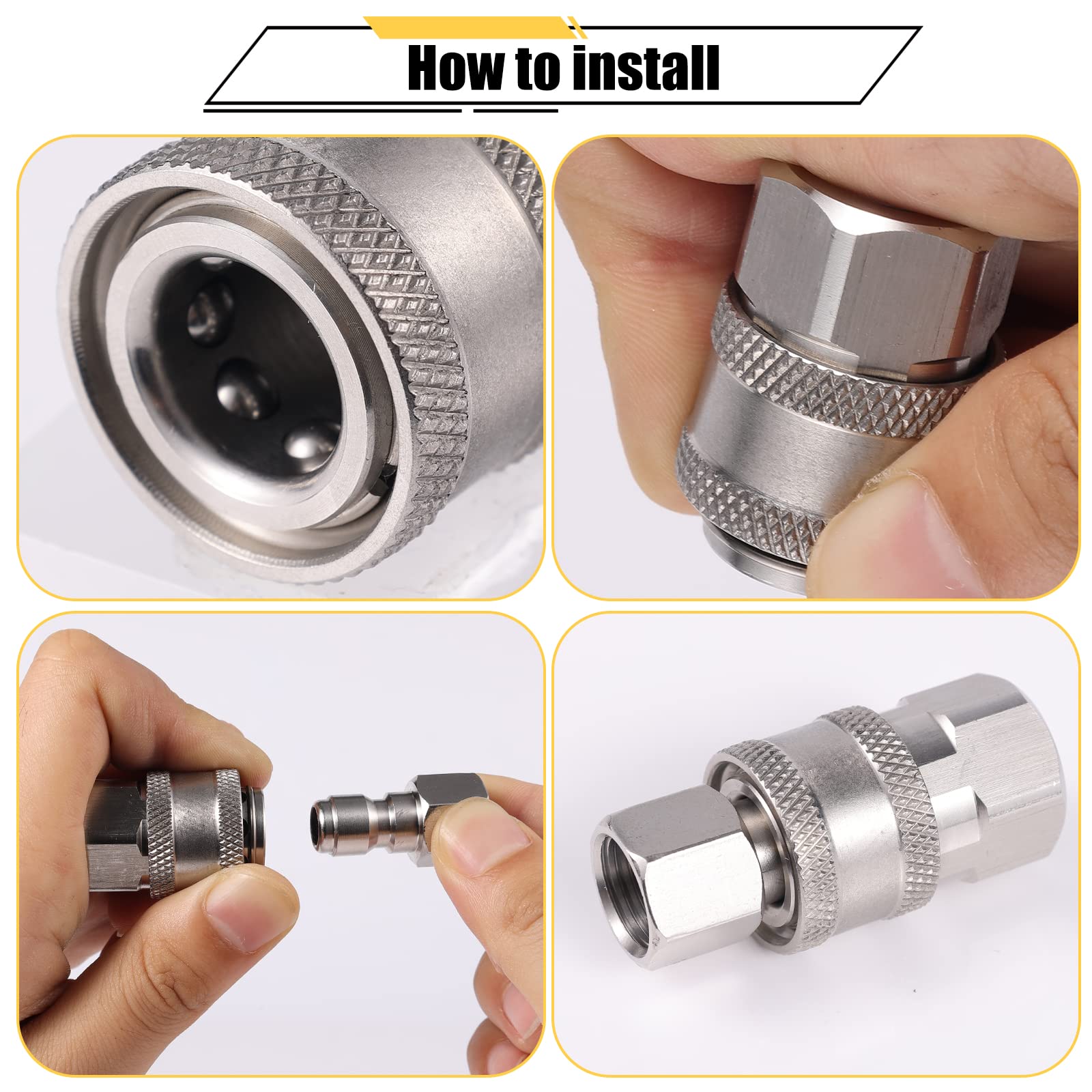 4 szt. Zlacze Myjki Cisnieniowej, NPT 3/8inch Zlaczki Myjki Cisnieniowej Stal Nierdzewna Meskie i zenskie Szybkozlacza Adapter Myjki Cisnieniowej 3/8 (Gwint Wewnetrzny, Gwint Zewnetrzny)