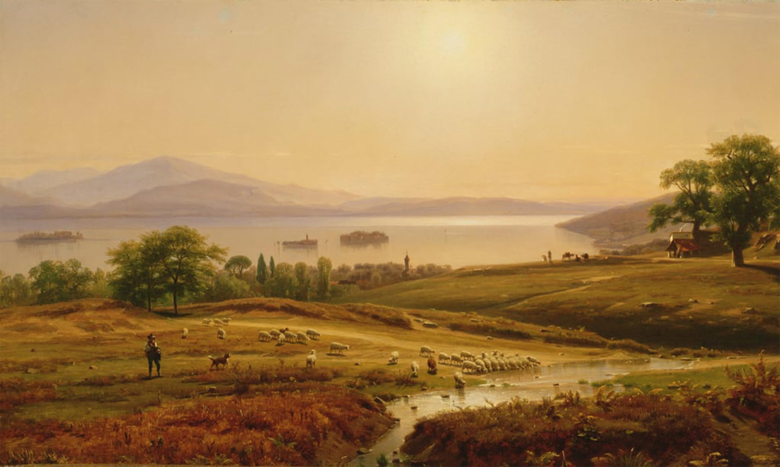 RZHRHJES Famous Painting Poster Art Canvas Print Retro Picture Morning on Lago Maggiore by Worthington Whittredge Poster Wall Art for Home Decor 60x90cm