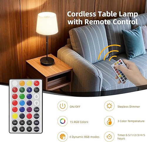 Miniatura 4 de Lámpara de mesa recargable, 5000 mAh, lámpara de escritorio inalámbrica con bombillas RGB magnéticas regulables y control remoto, mini lámpara