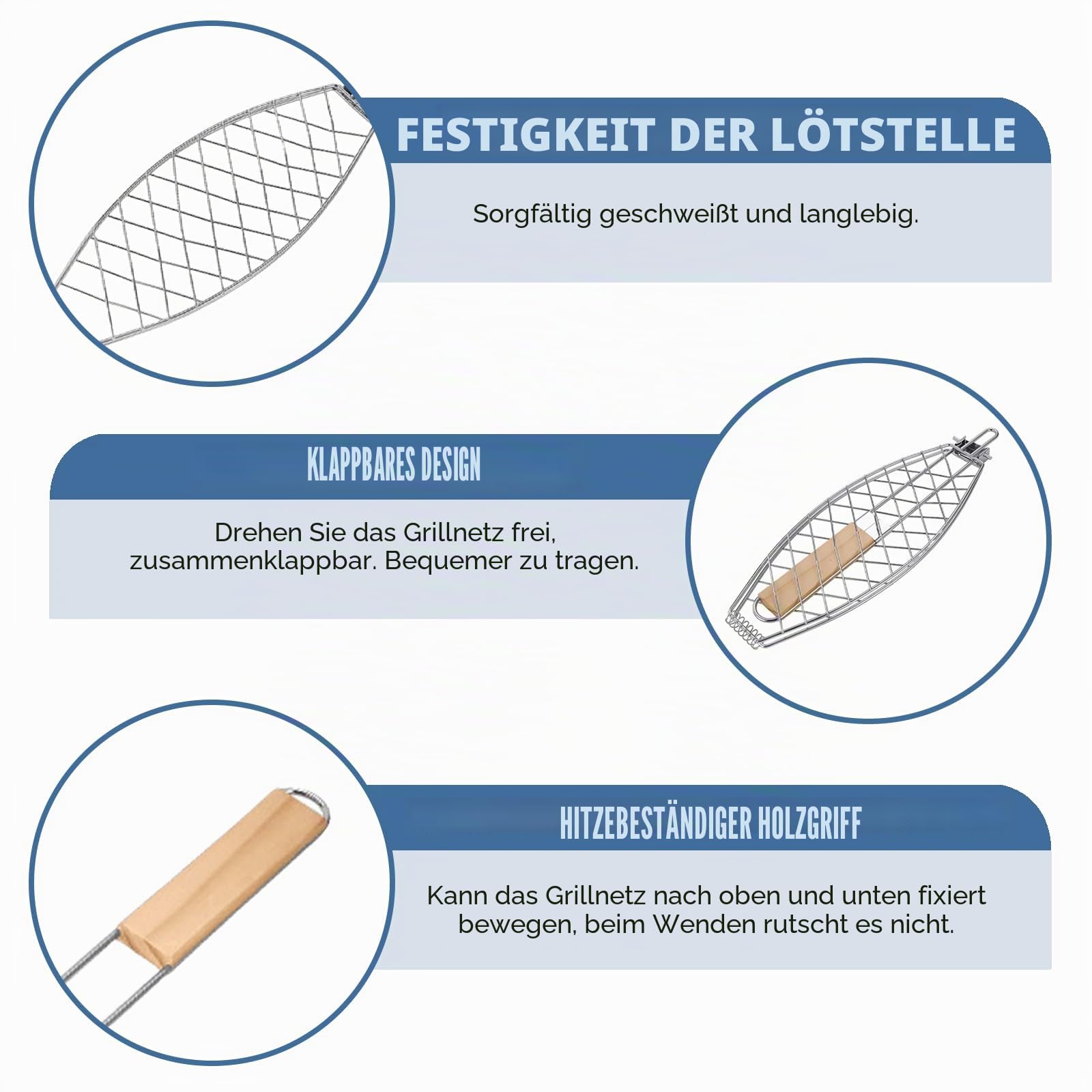 3 Stück Fisch Grillhalter mit Holzgriff, 63x12cm Große Fischbräter Fischgriller mit Griff aus Metall, Grillfisch Rack Fischgrillzange Fischkorb für Grill und BBQ