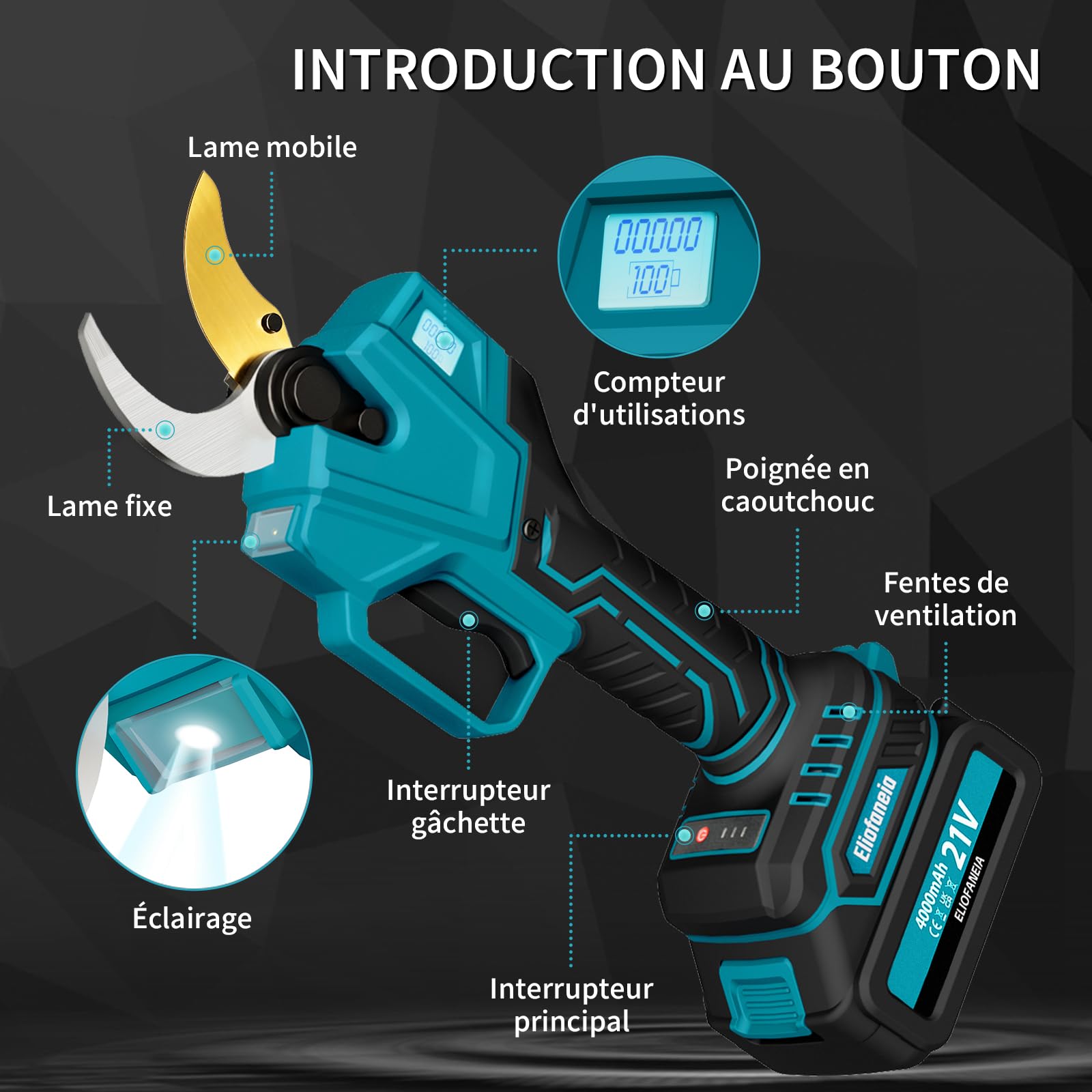 Sécateur Électrique Sans Fil Professionnel-Diamètre de Coupe 40mm-Moteur Brushless 1000W Puissant-2 Batteries Lithium 8000mAh-Écran LCDet Sécurité-Taille Arbres,Jardin
