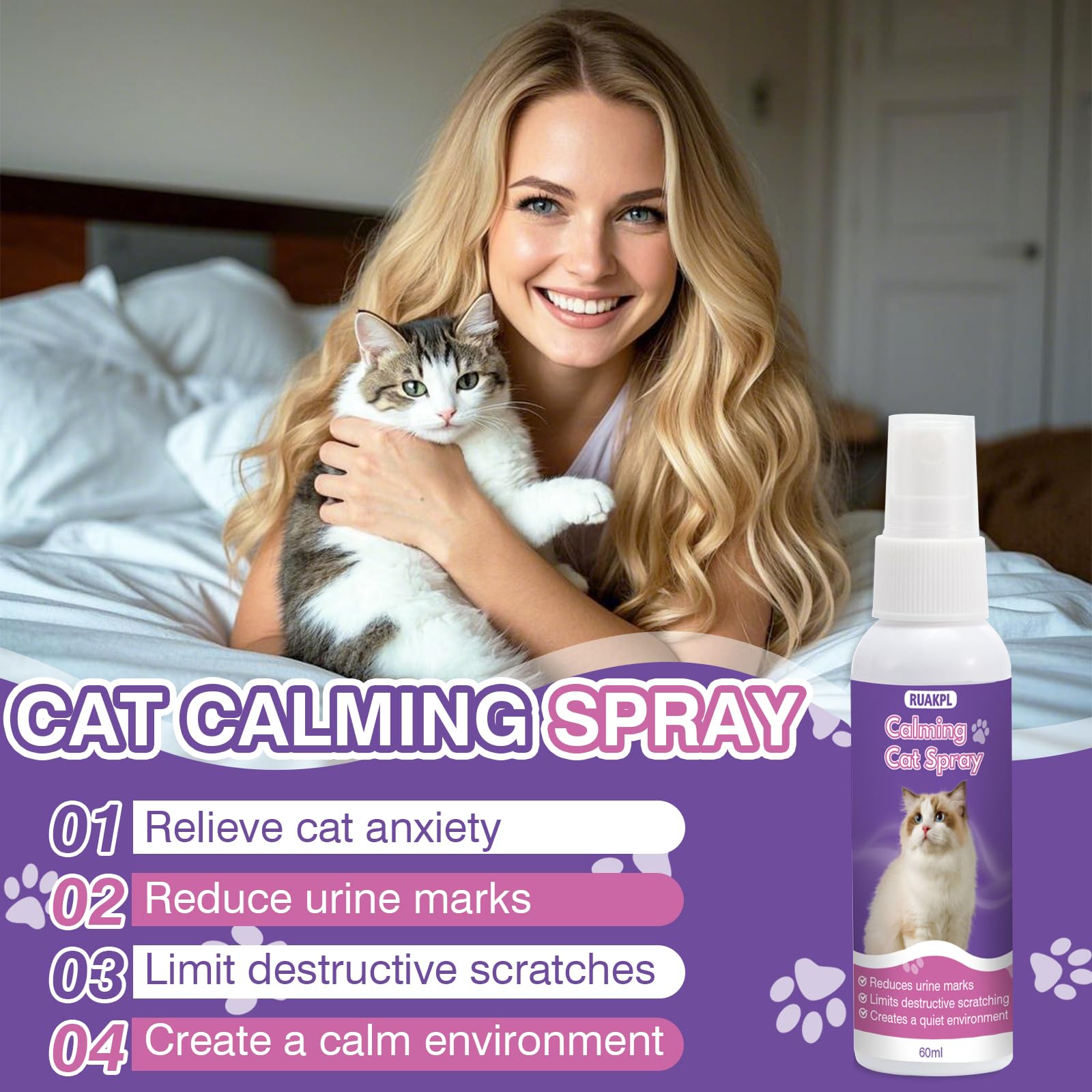 Cat Calming Spray 60 ML 2 Pack Calming Solution for Cats Cat Pheromone Spray Reduces Stress Anxiety Scratching Calming Spray for Cats Good for Home Travel Cat Pheromones Calming Spray - image 2