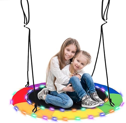 Miniatura 1 de GLACER Columpio de árbol de platillo volador de 40 pulgadas, columpio de 660 libras de capacidad para exteriores con luces LED, columpio redondo