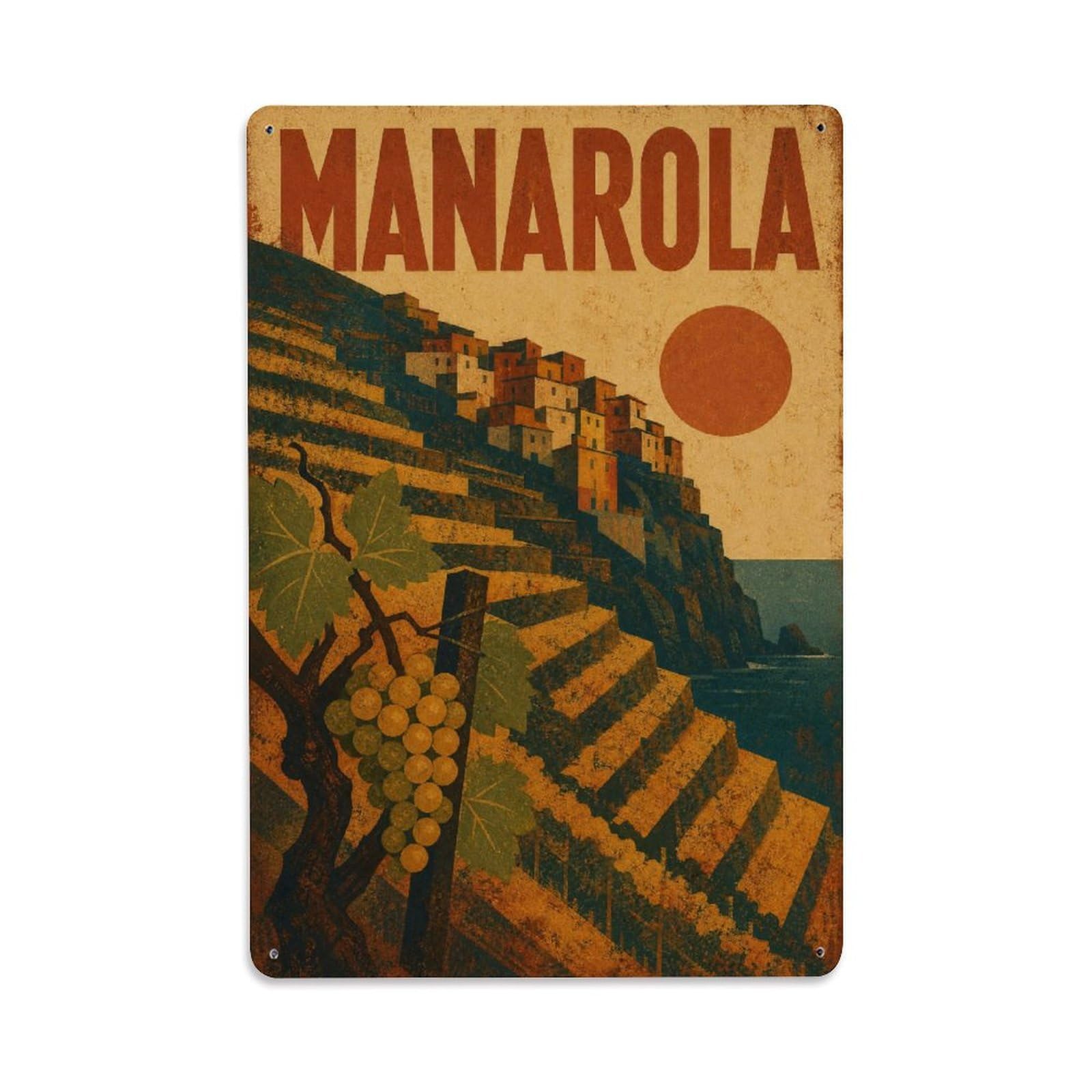 Huiyhb 8X12inch(20X30cm) Vintage Travel Manarola Terraced Vineyards Wine Heritage Italy Metal Tin Sign