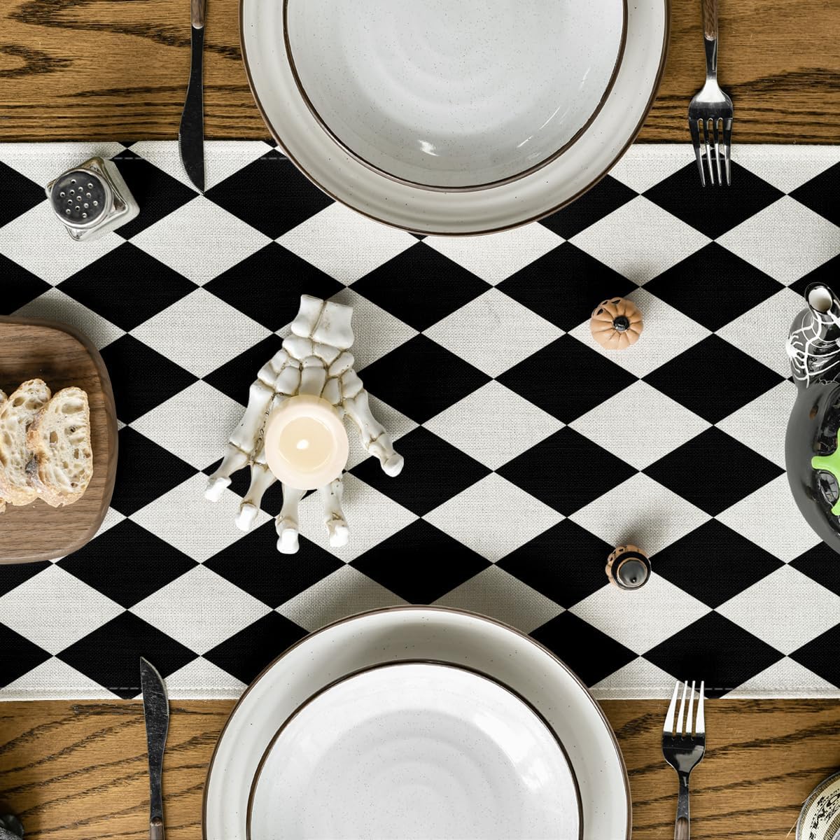 Artoid Mode Black Beige Diamond Plaid Table Runner, Seasonal Halloween Party Kitchen Dining Table Decoration for Home Party Decor 13x72 Inch
