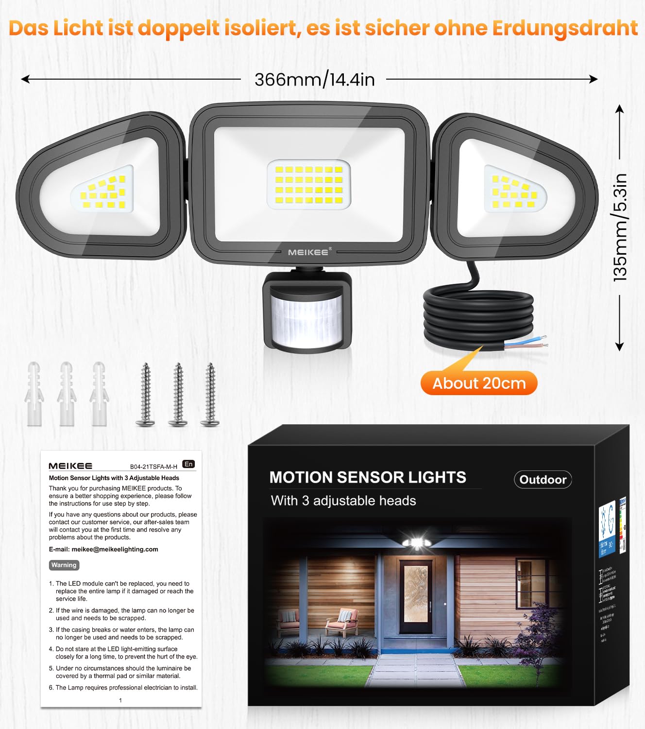 MEIKEE Reflektor LED z czujnikiem ruchu, 42 W, 4200 lm, reflektor zewnętrzny IP65, światło reflektorowe 6500 K, trzy głowice, regulacja 180°, światło bezpieczeństwa do garażu, ogrodu, na taras, podwórko