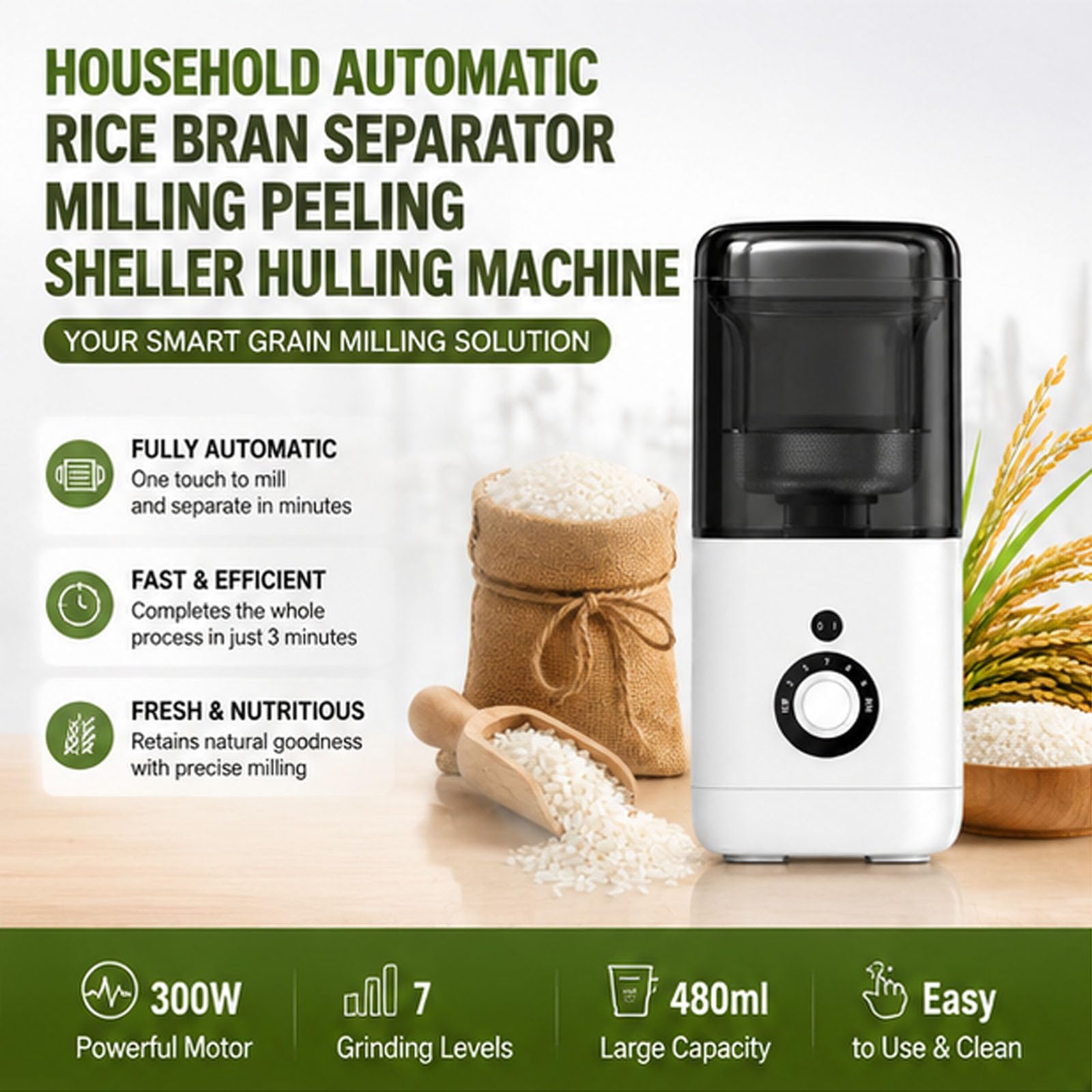 Fresatrice per riso, separatore automatico di crusca di riso con misurino, produce riso in 3 minuti, precisione di fresatura a 7 marce, ideale per casa, grano, cereali, fattorie