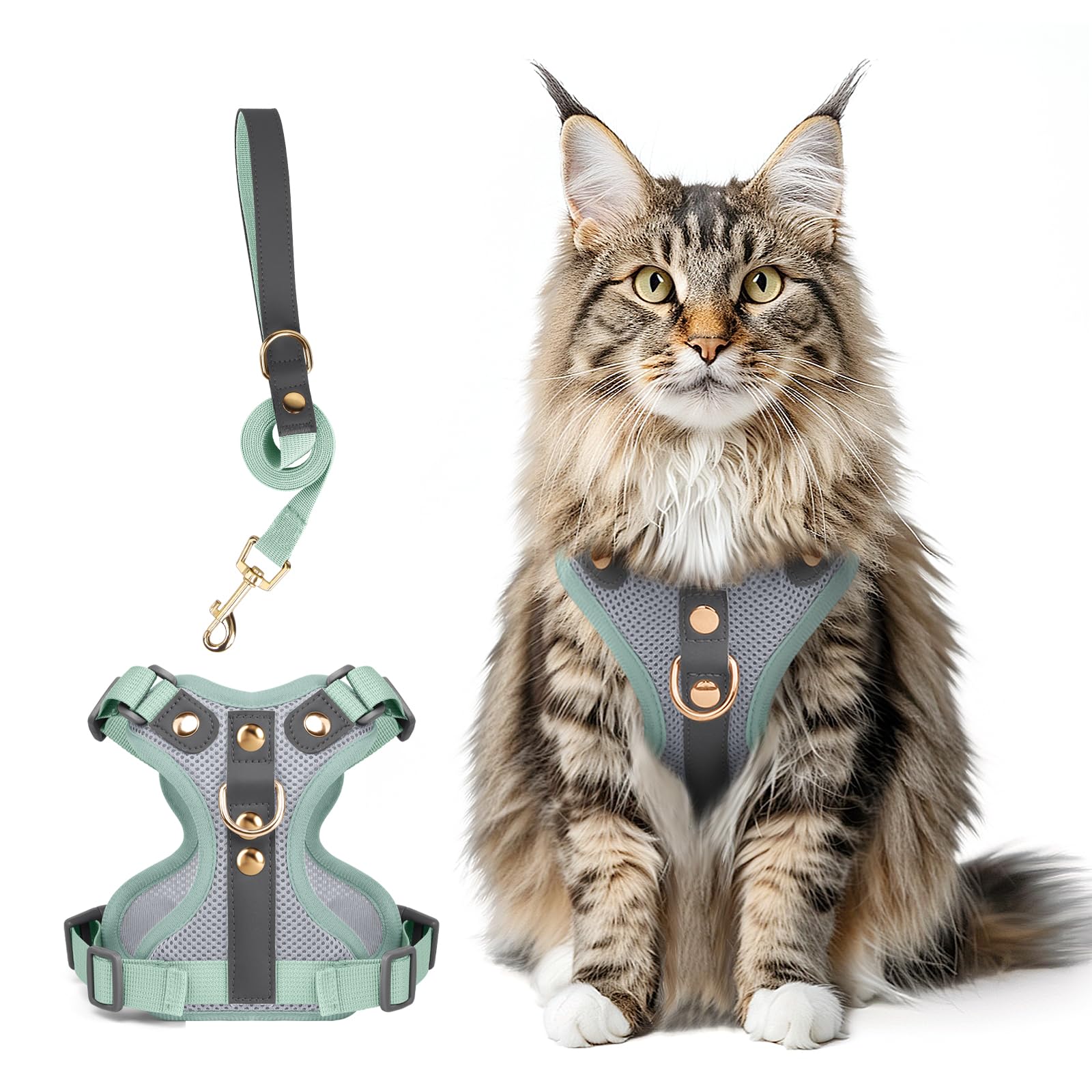 Muecleao Escape Proof Cat Harness and Leash Set, Premium Microfiber Leather Trim