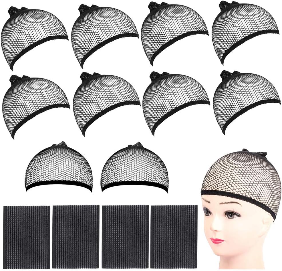LuckyMoon 10 Pcs Black Wig Caps, Open End Stretch Mesh Net Wig Cap with 4 Pcs Magic Hair Pad, Elastic Nylon Stocking Wig Caps Liner Weaving Caps for Long Short Hair Fringe Hair Sticker