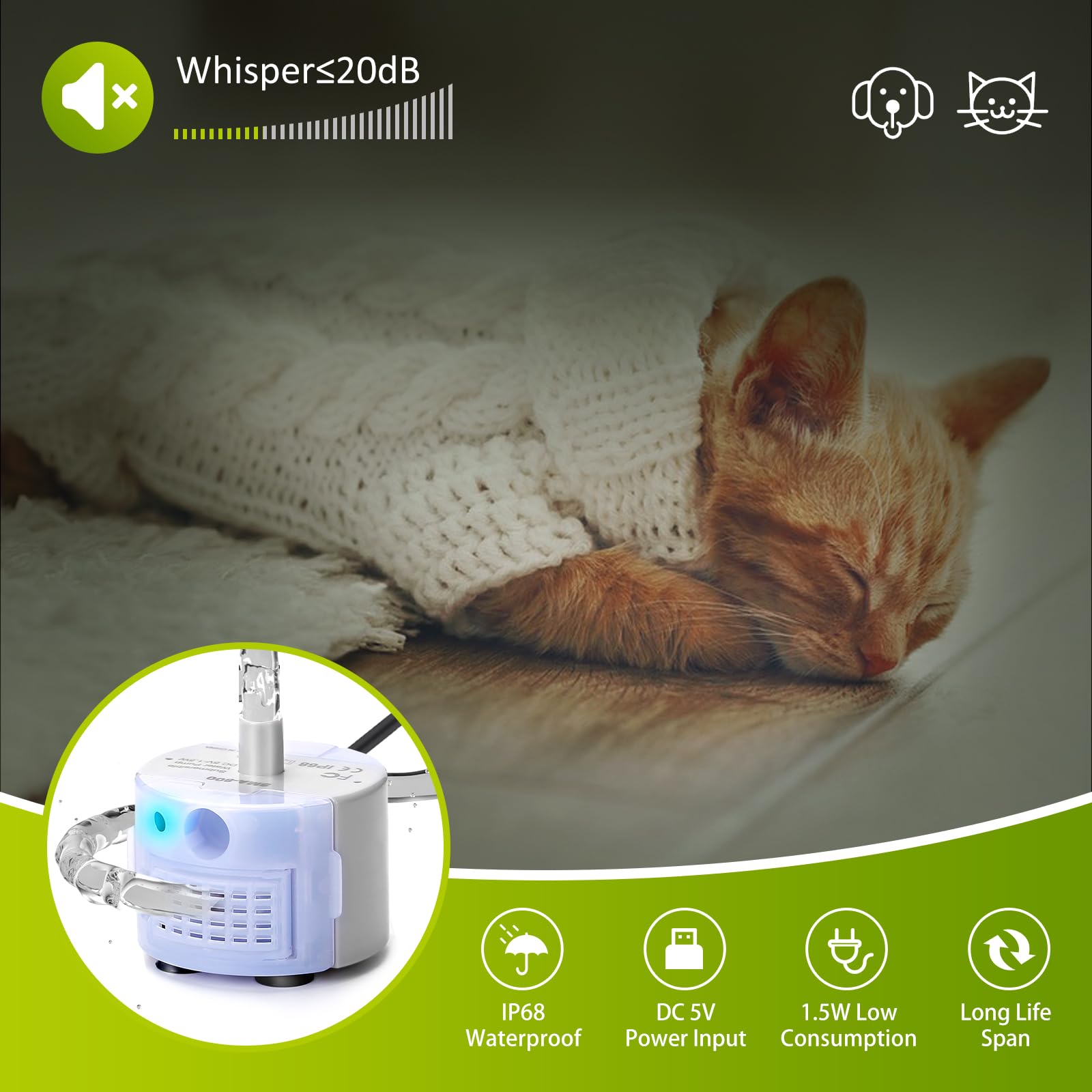 Bomba de fuente de agua para gatos, bomba de repuesto DR-DC para dispensador de agua de mascotas de acero inoxidable, bomba de fuente ultra silenciosa para mascotas, motor sumergible IP68 SMA
