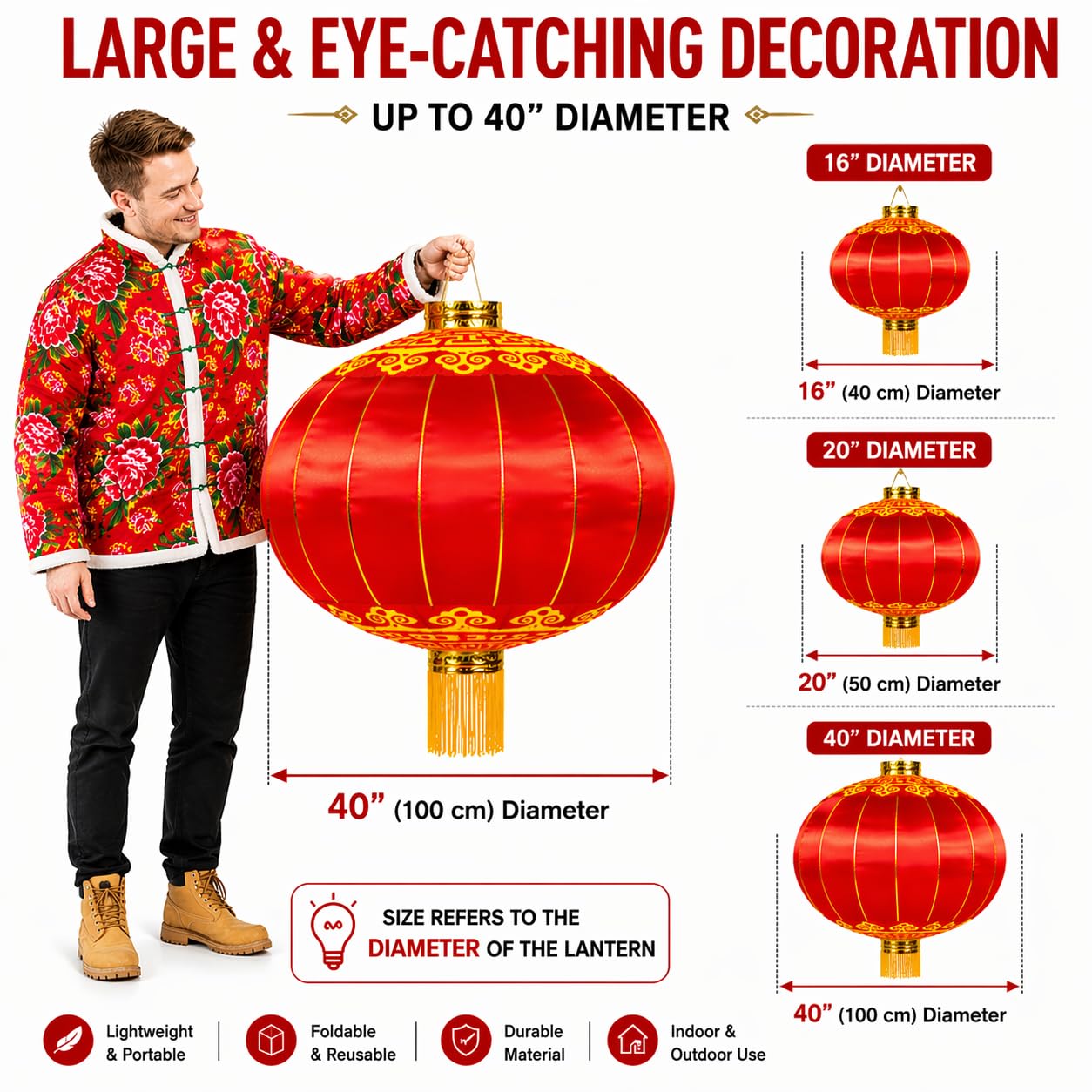 Large Chinese Lantern, Red Traditional Hanging Lamp Shade China