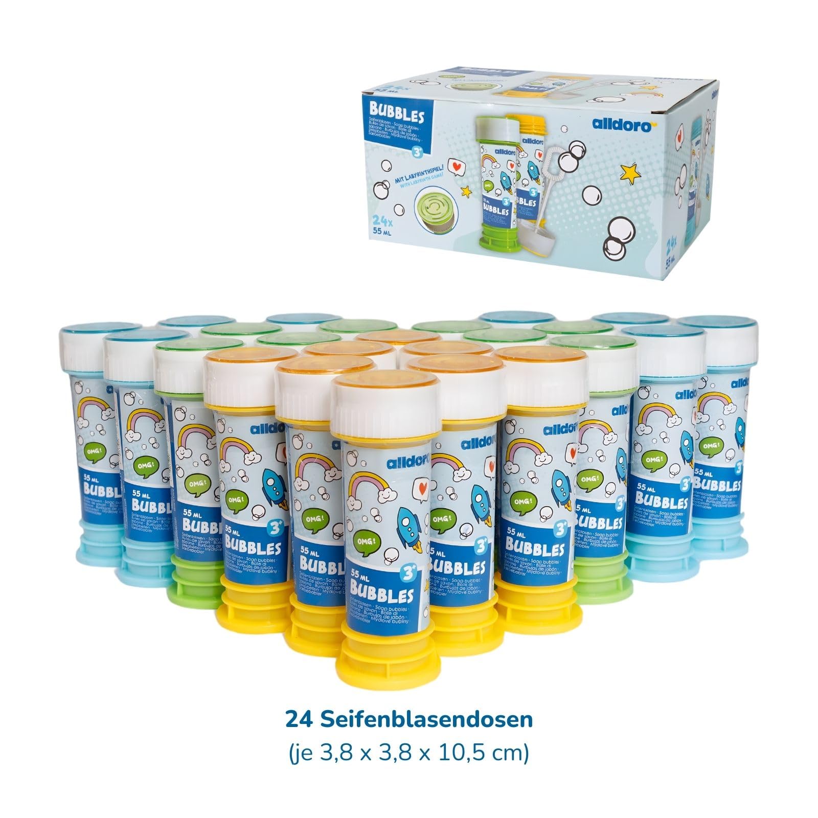alldoro 63073 Bubble Fun Bulles de Savon, 24 pièces par boîte, 55 ML de Solution savonneuse, pour Enfants à partir de 36 Mois & Adultes, Multicolore