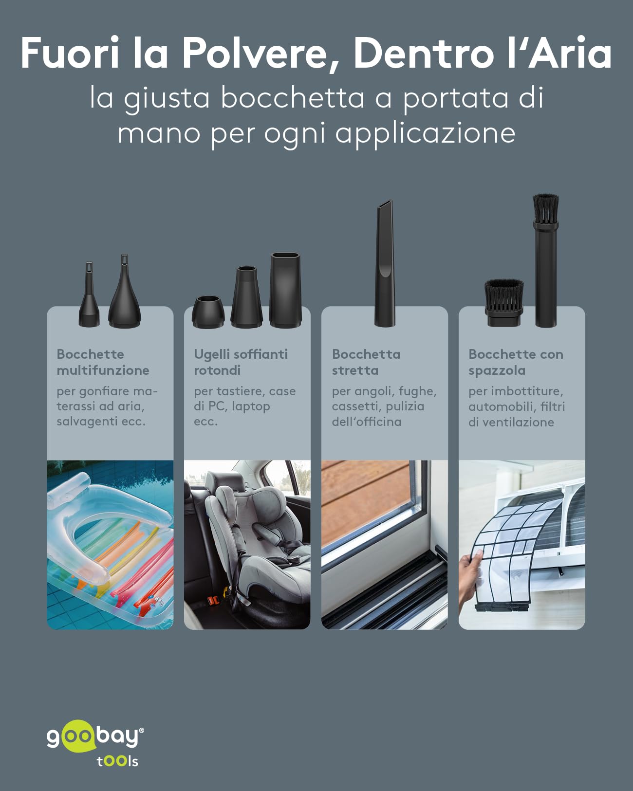 goobay soffiatore per polvere Advanced con 3 livelli, batteria da 6.000 mAh, 110.000 giri/min, fino a 80 minuti di autonomia, incl. 8 accessori per rimuovere la polvere da tastiere, PC, 77830