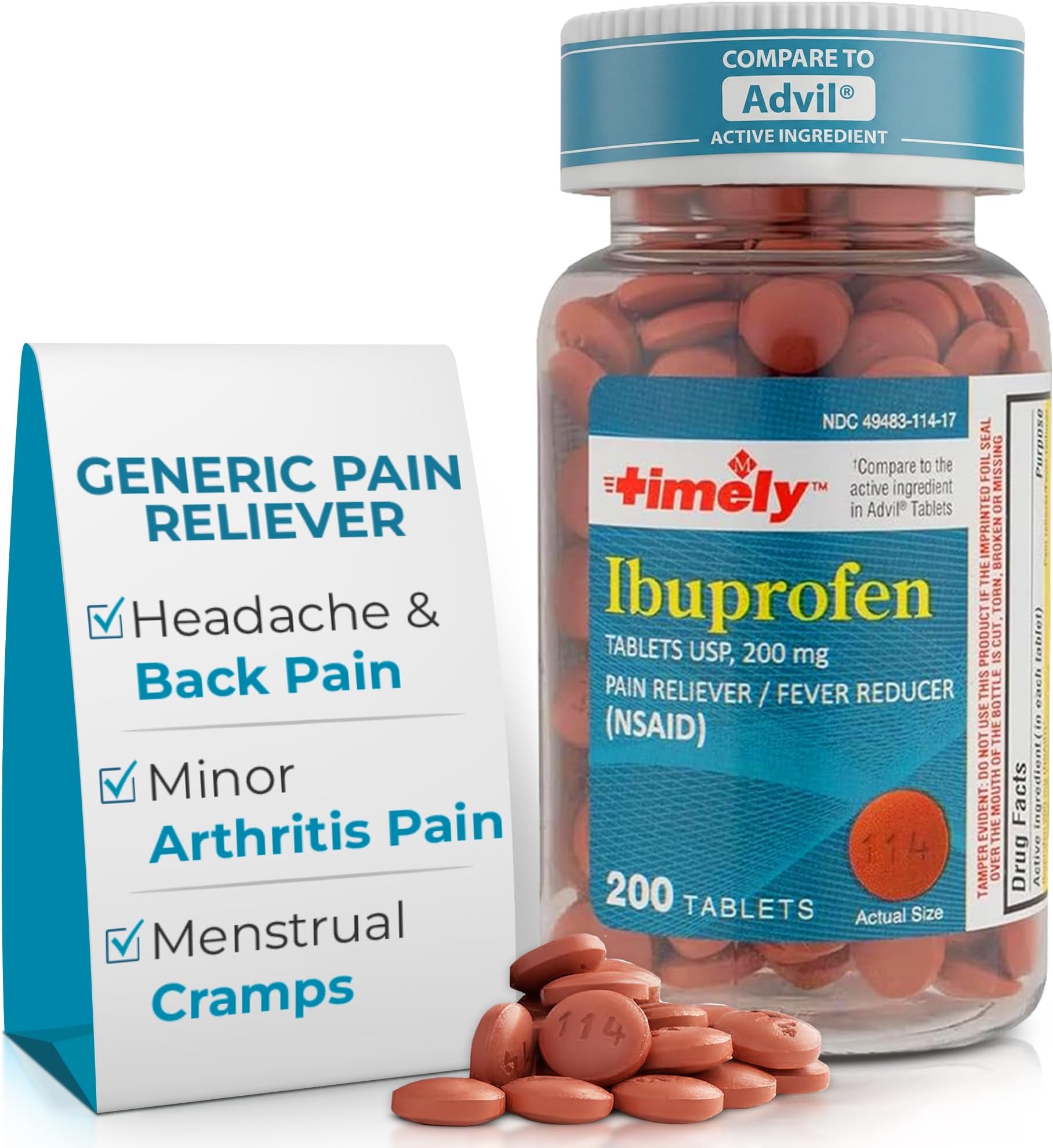 TIME-Cap Labs 200 Tablets Ibuprofen 200mg Coated - Pain Reliever & Fever Reducer (NSAID) for Adults, Helps with Headache, Back Pain, Muscle Aches, Toothaches, Menstrual Cramps & Minor Arthritis Pain