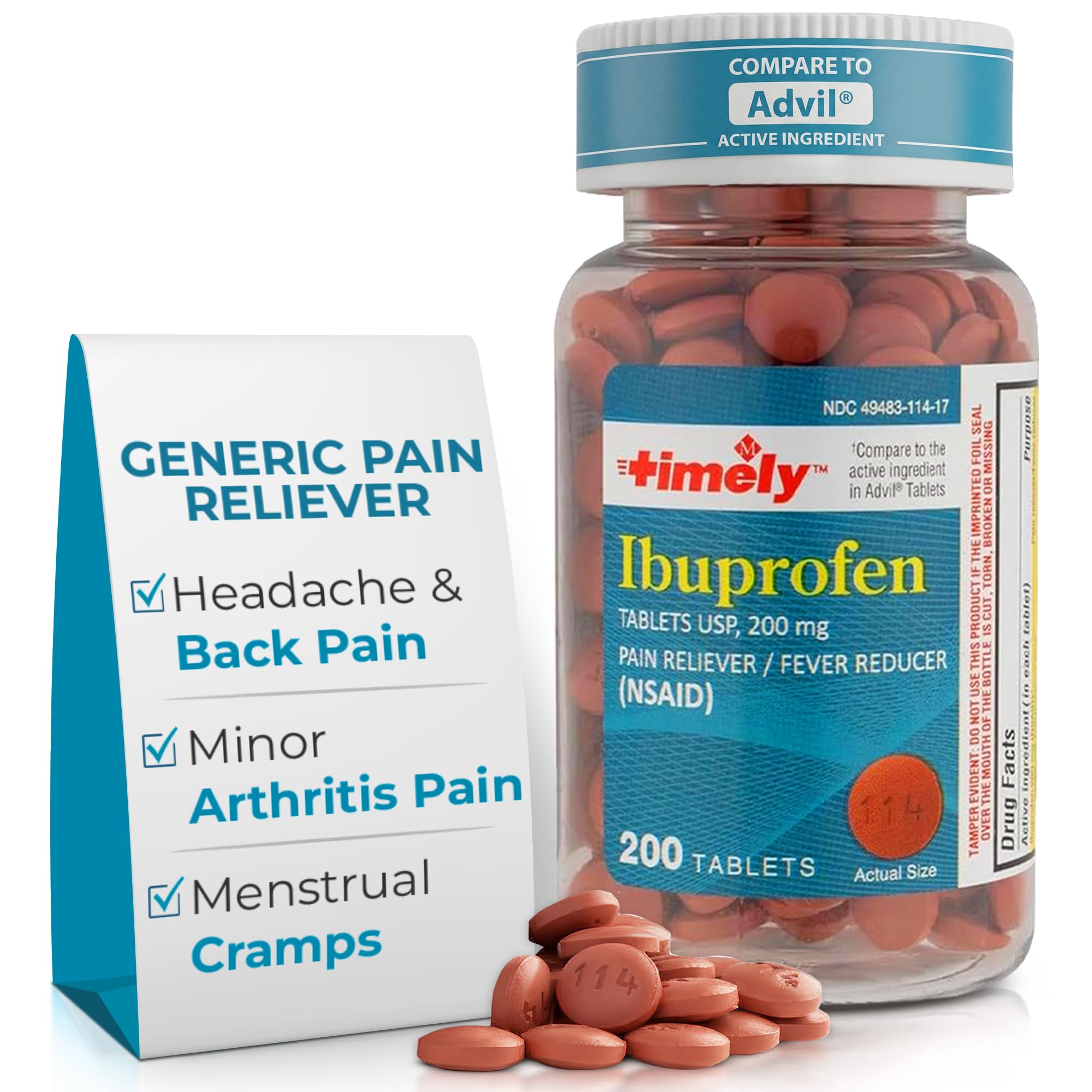 TIME-Cap Labs 200 Tablets Ibuprofen 200mg Coated - Pain Reliever Fever Reducer NSAID for Adults Helps with Headache
