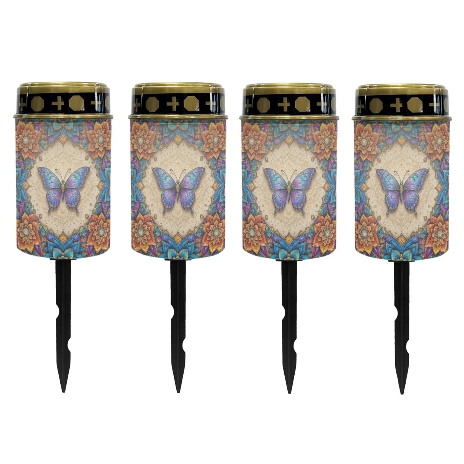 Poceacles Solar Powered Outdoor Lights Cemetery Solar Memorial Lights Outdoor Waterproof Landscape Candles for Yard Patio Lawn Home Decor, Bohemian Floral Butterfly Blue, Pack of 4