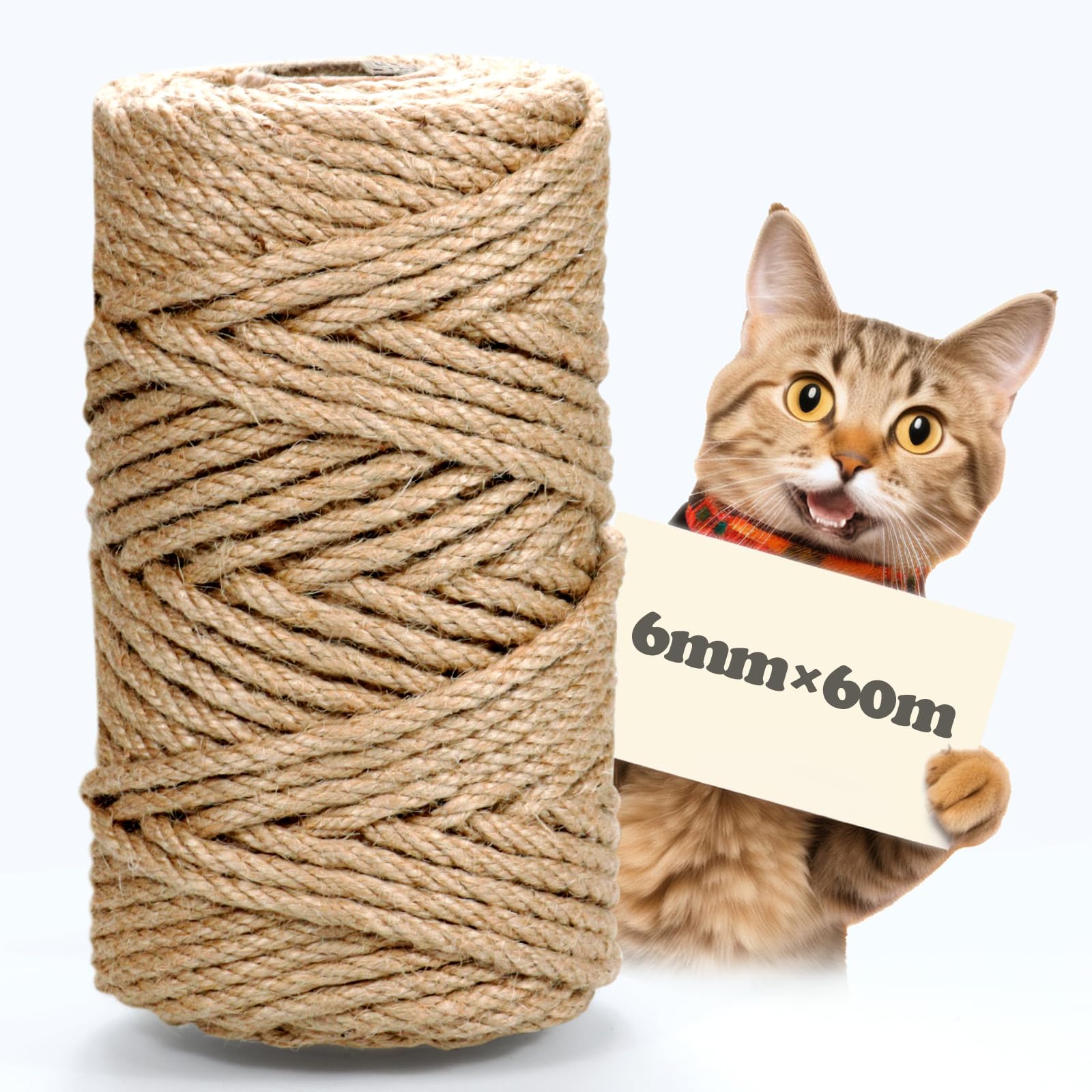 Mddk Dy Natural 60M Sisal Rope For Cat Scratcher, 6Mm Sisal Rope, Cat Scratching Post Replacement, Gardening Bundling, Craft Decoration