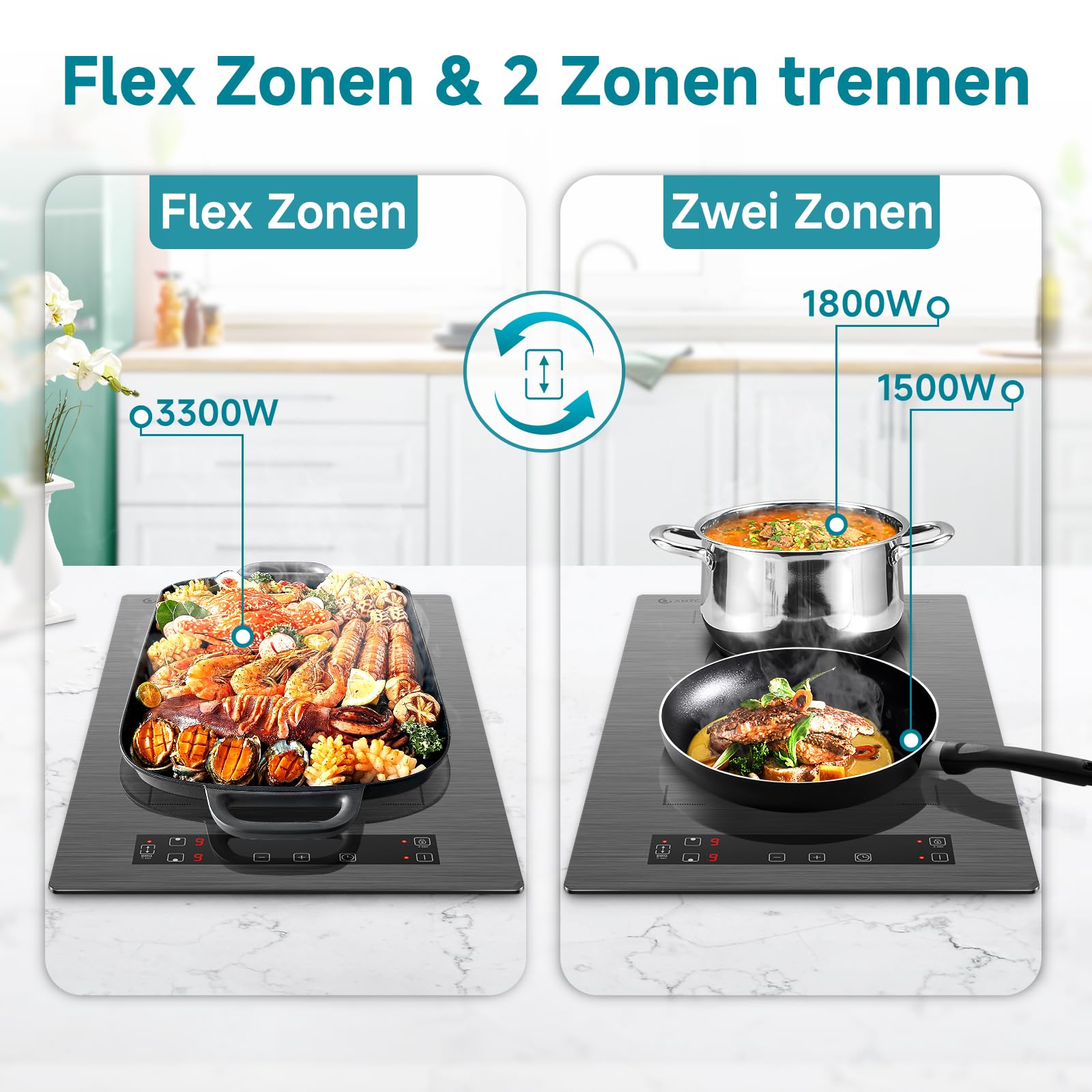 AMZCHEF Induktionskochfeld 2 Platten, Flexzonen, 3300W, Sicherheitsschloss, Timer, Berührungssteuerung (Grau)