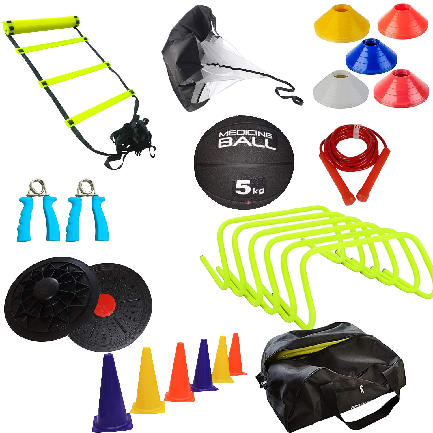 Roxan Medicine Ball 5 kg Combo of Ladder, Hurdle, Marker Cone,Saucer Cone,Skipping Rope,Hand Grip,Balance Board, Speed parachuteall in a Carry Bag-picture-20
