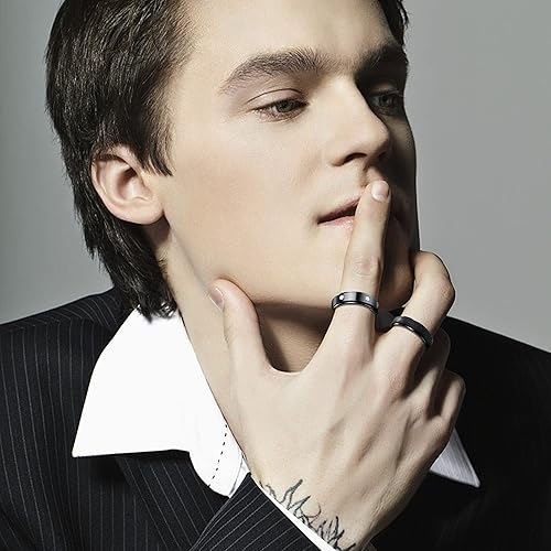 Miniatura 3 de CASSIECA Black Spinner Rings for Men Women Stainless Steel Fidget Rings Cool Chain Inlaid Anxiety Rings 6-8mm Wide Stress Relieving Wedding Promise