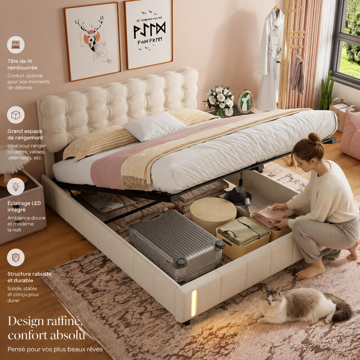 LONELYO Lit Coffre 160x200 avec LED RGB 7 Couleurs & Système Hydraulique – Velours Beige Clair Capitonné, Rangement Spacieux & Sommier à Lattes – Design Moderne